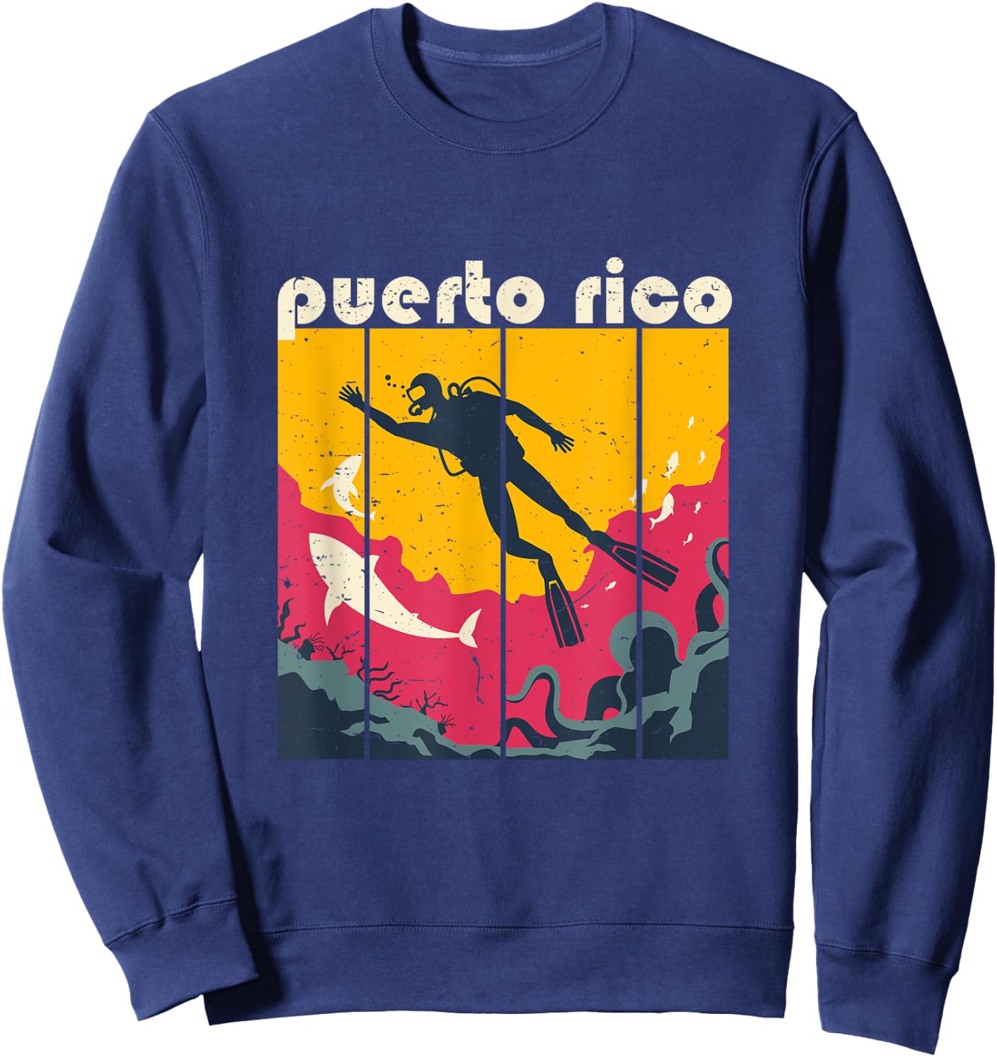 Vintage Retro Puerto Rico Diving and Snorkeling Scuba Diver Sweatshirt - Sweatshirt | Navy