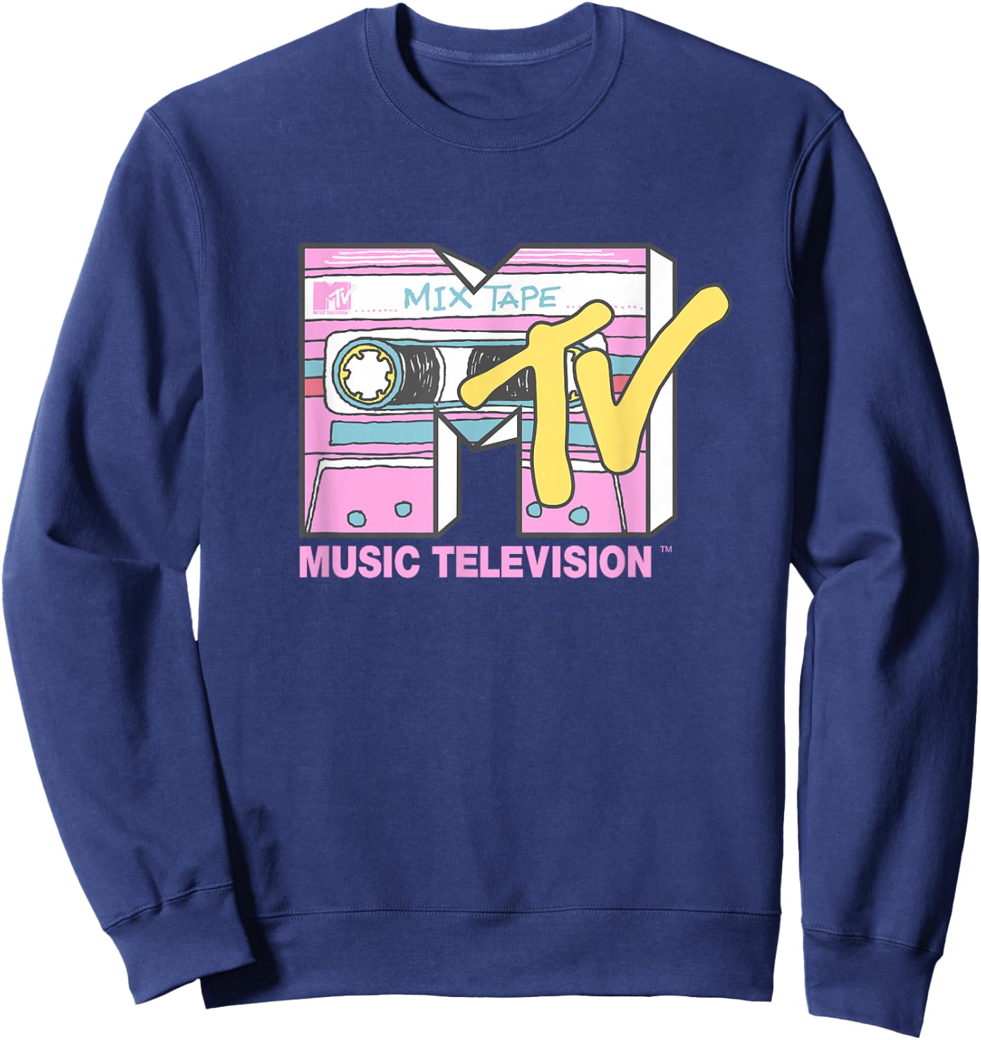 MTV Retro Neon Mix Tape Vintage Cassette Sketch Logo Sweatshirt - Sweatshirt | Navy