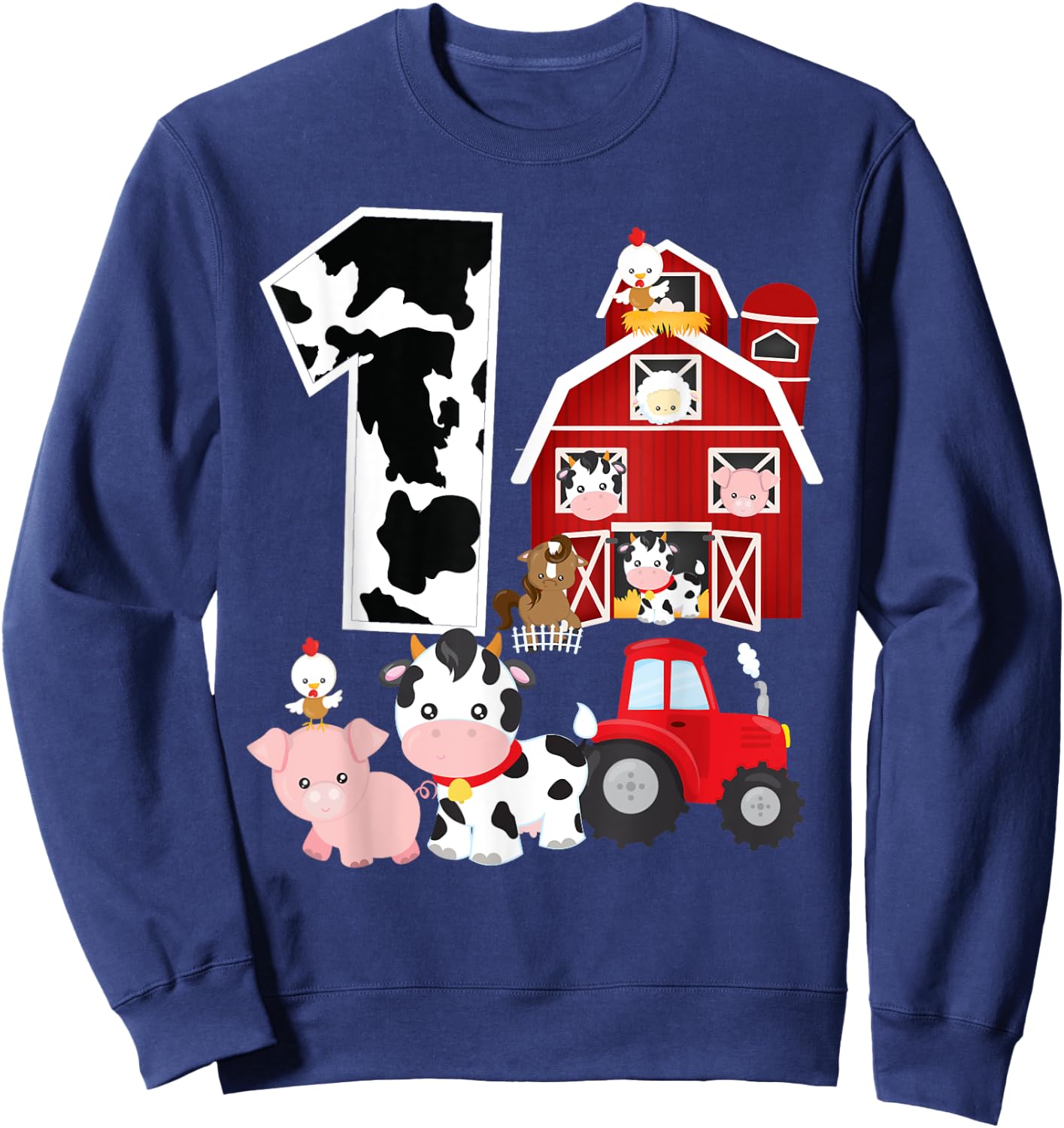 Farm Barnyard Theme Pig Cow Horse 1st Birthday 1 Yrs Old Sweatshirt - Sweatshirt | Navy