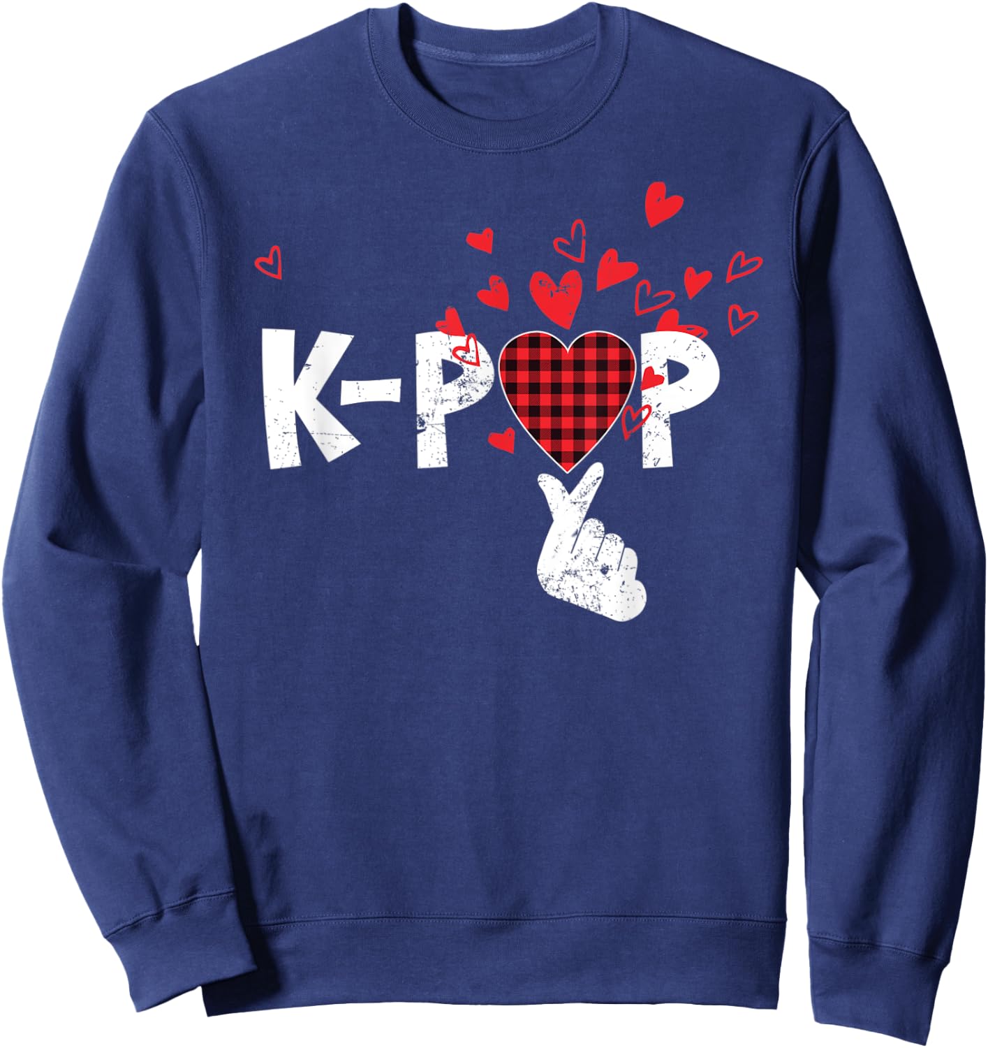 Cute K-Pop Lovers Korean Love Sign Red Buffalo Plaid Pajama Sweatshirt - Sweatshirt | Navy