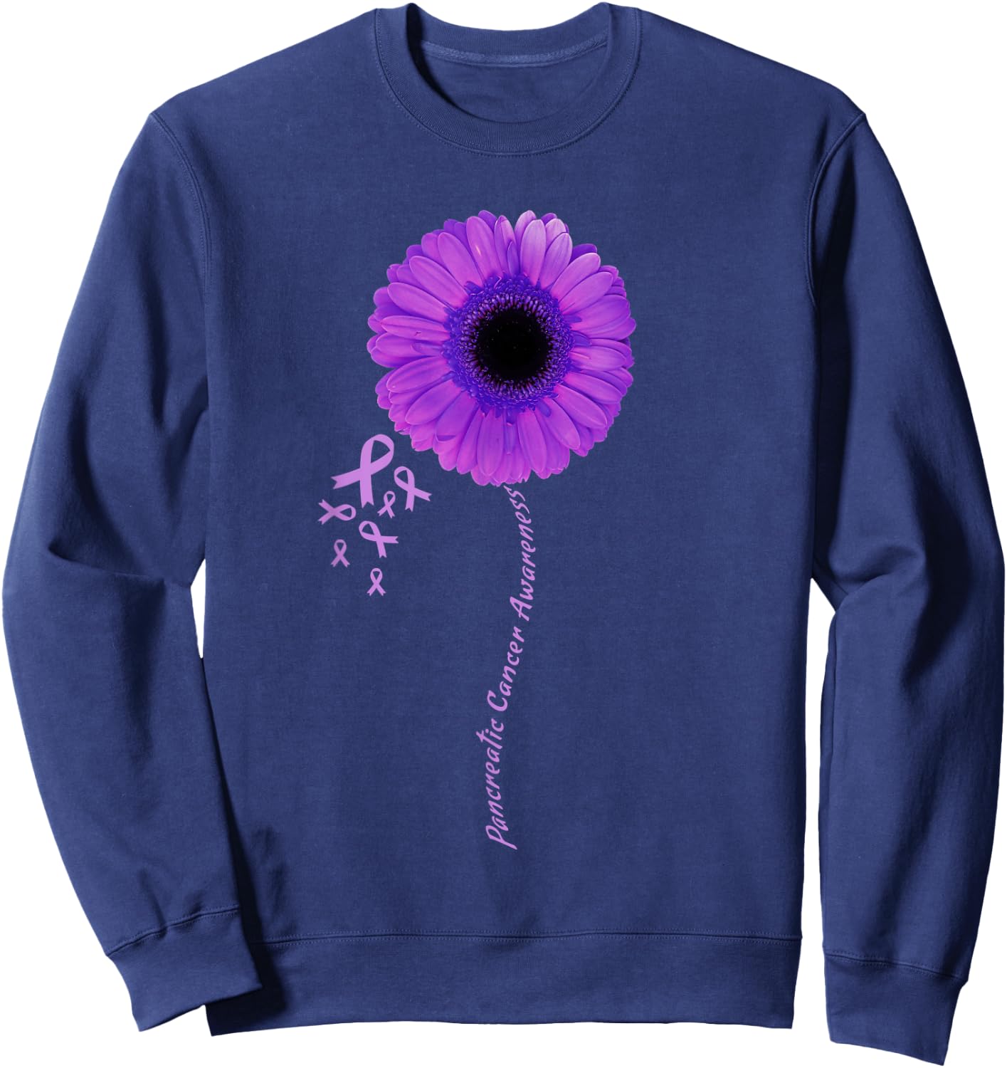 I Wear Purple Flower Pancreatic Cancer Awareness Ribbon Sweatshirt - Sweatshirt | Navy