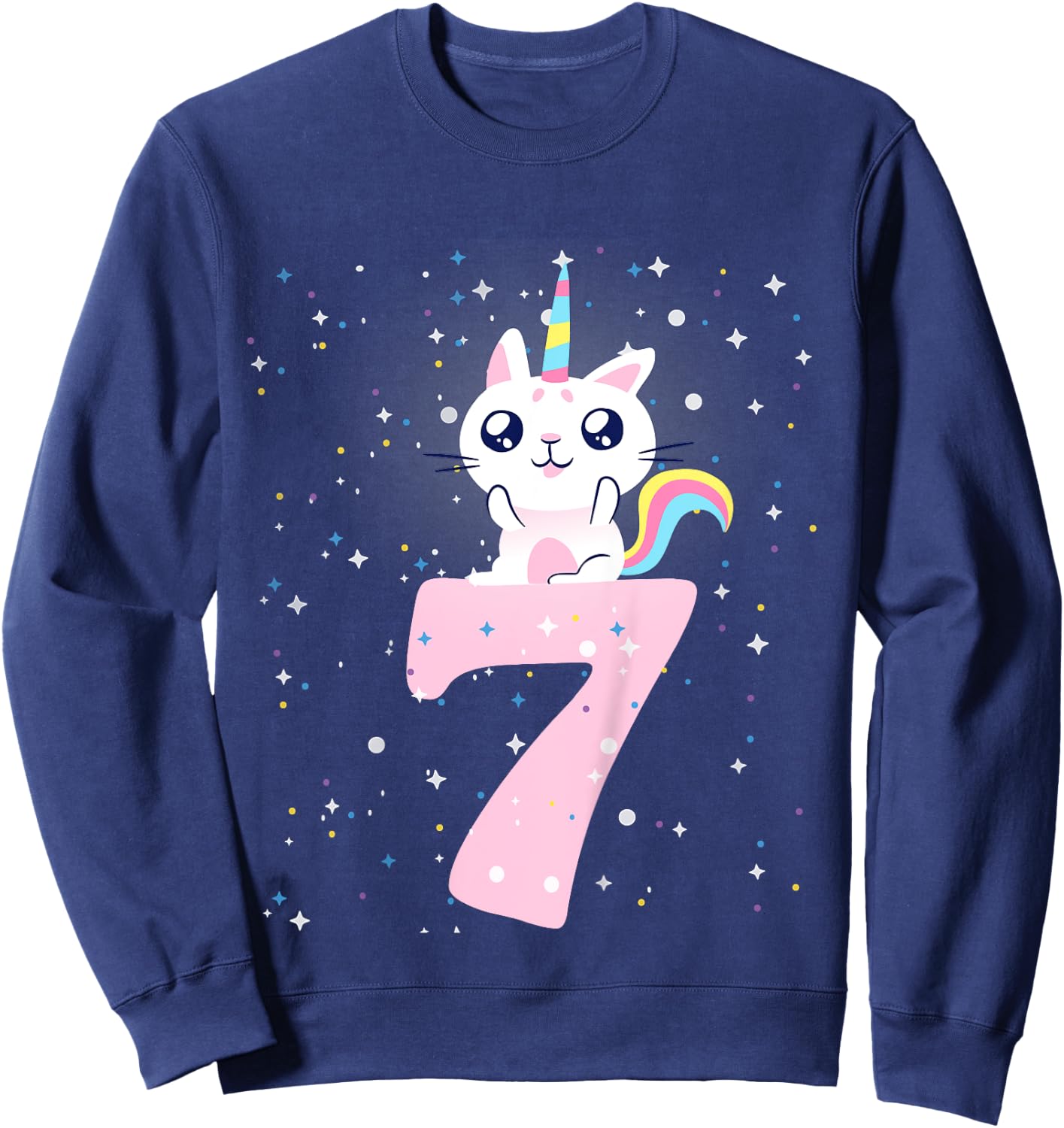 Kids 7th birthday girl outfit unicorn cat Sweatshirt - Sweatshirt | Navy