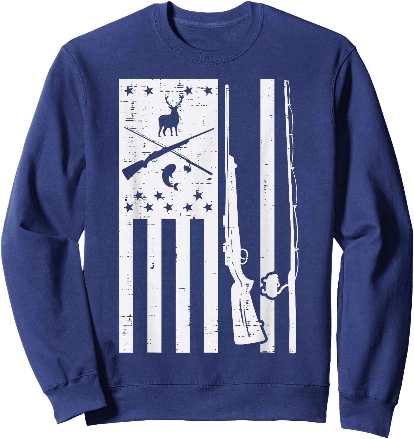 White US Flag Rifle Fishing Rod Fish Deer Hunting Patriotic Sweatshirt - Sweatshirt | Navy