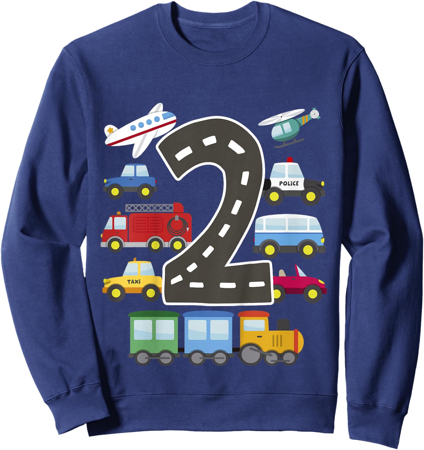 Kids 2 Year Old Transportation Birthday Car Train Plane 2nd Gift Sweatshirt - Sweatshirt | Navy