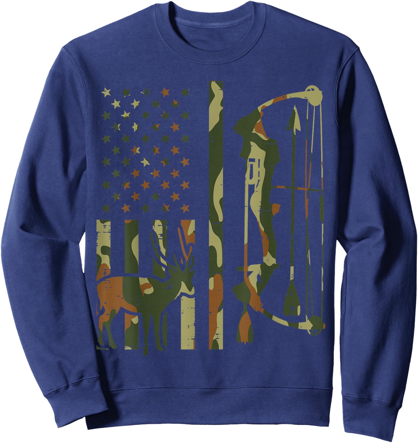 Camo Flag Deer Bow Hunting Patriotic Hunter Dad Archer Sweatshirt - Sweatshirt | Navy