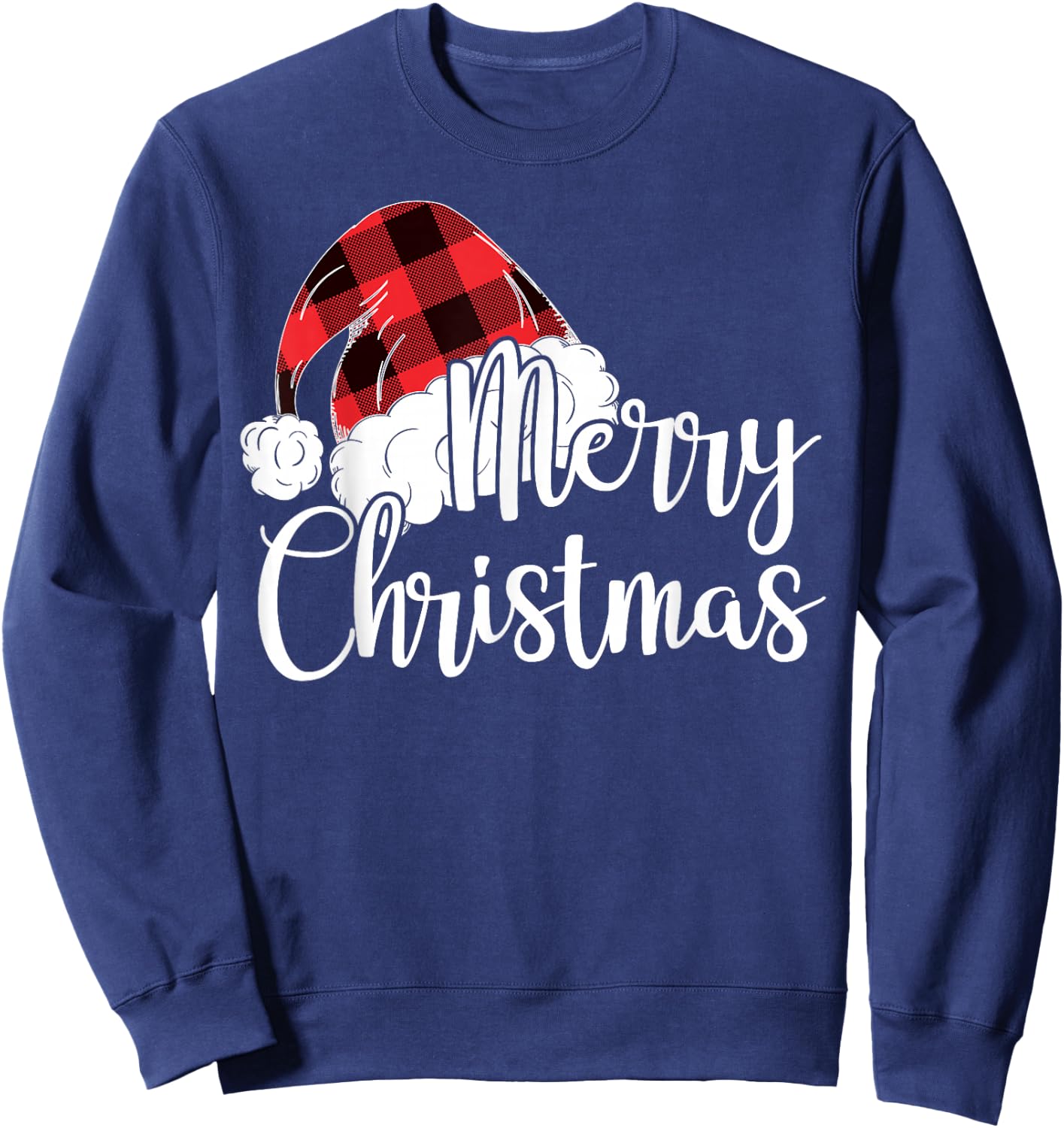 Merry Christmas Gift Cute Plaid Santas Hat Funny Women Xmas Sweatshirt - Sweatshirt | Navy