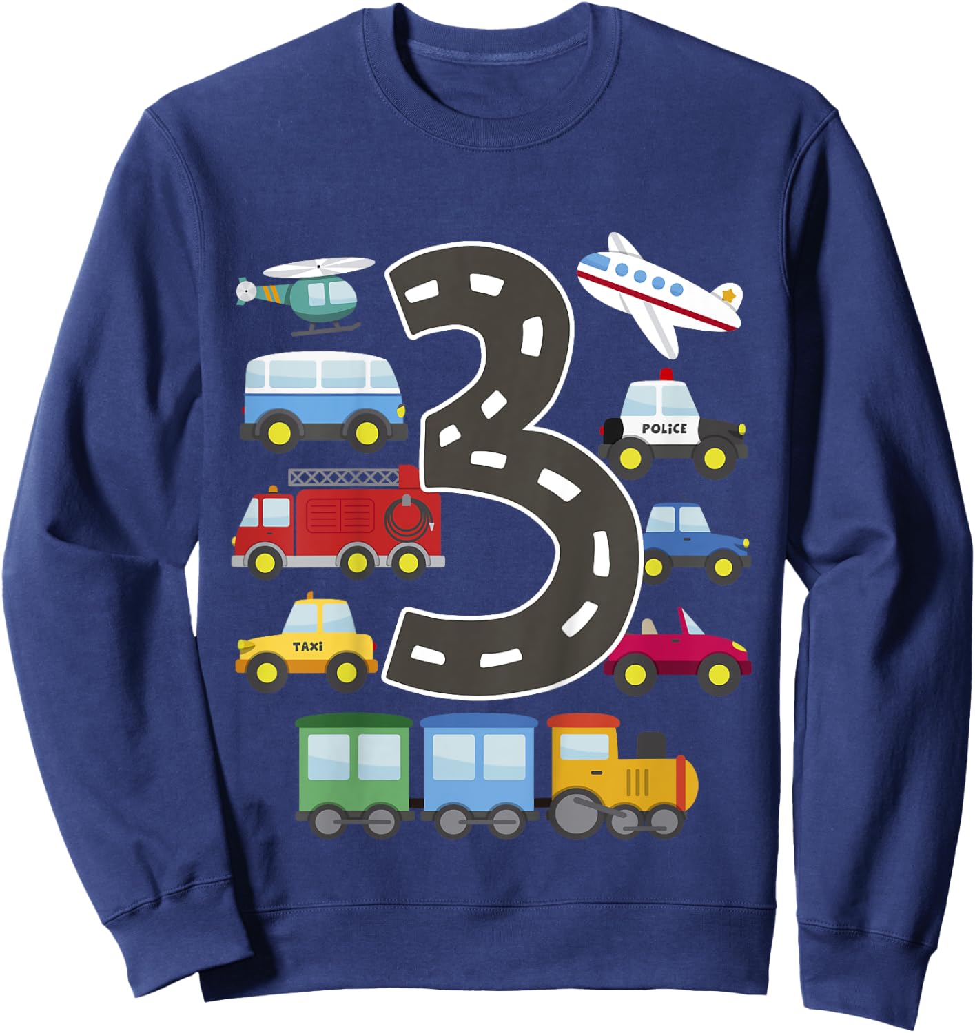 3 Year Old Transportation Birthday Car Train Plane 3rd Gift Sweatshirt - Sweatshirt | Navy