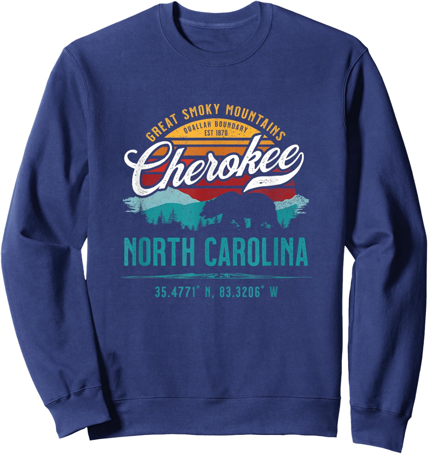 Cherokee North Carolina Retro Sunset Great Smoky Mountains Sweatshirt - Sweatshirt | Navy