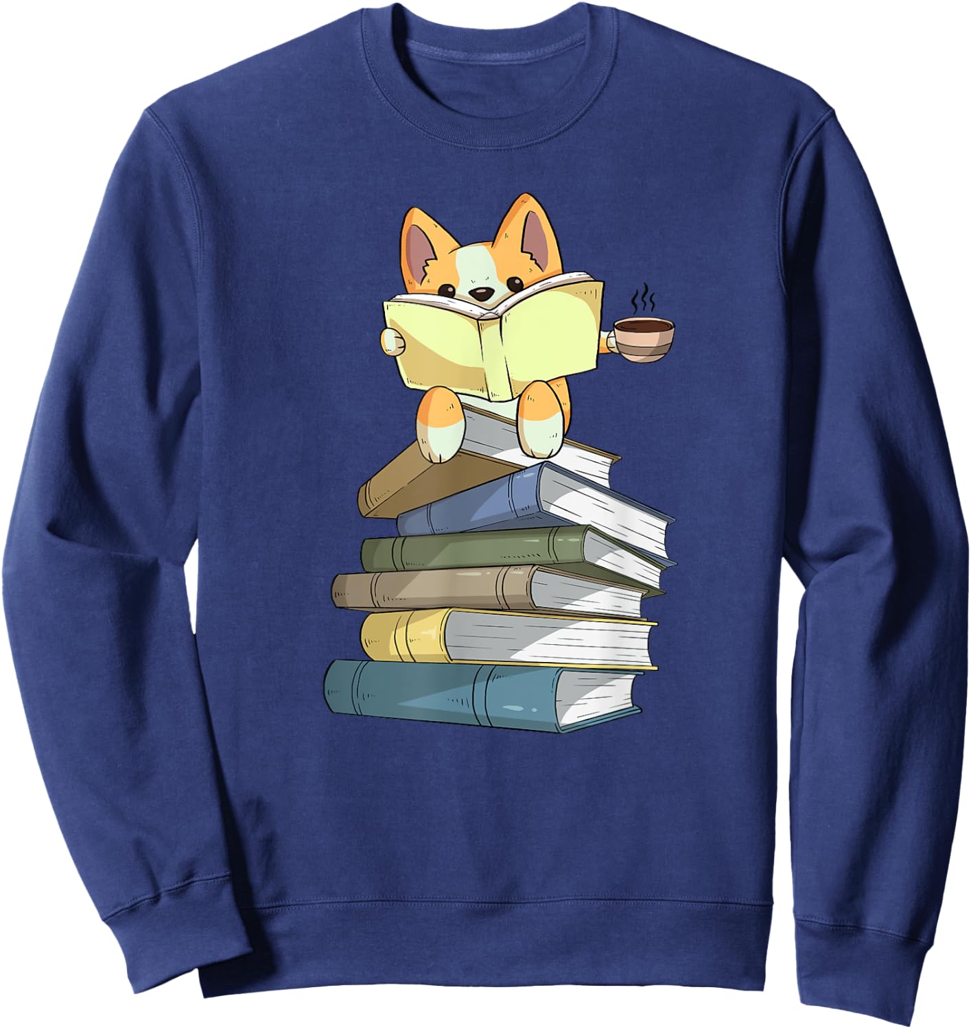 Welsh Corgi Books Coffee | Coffee Dog & Reading Lover Gift Sweatshirt - Sweatshirt | Navy