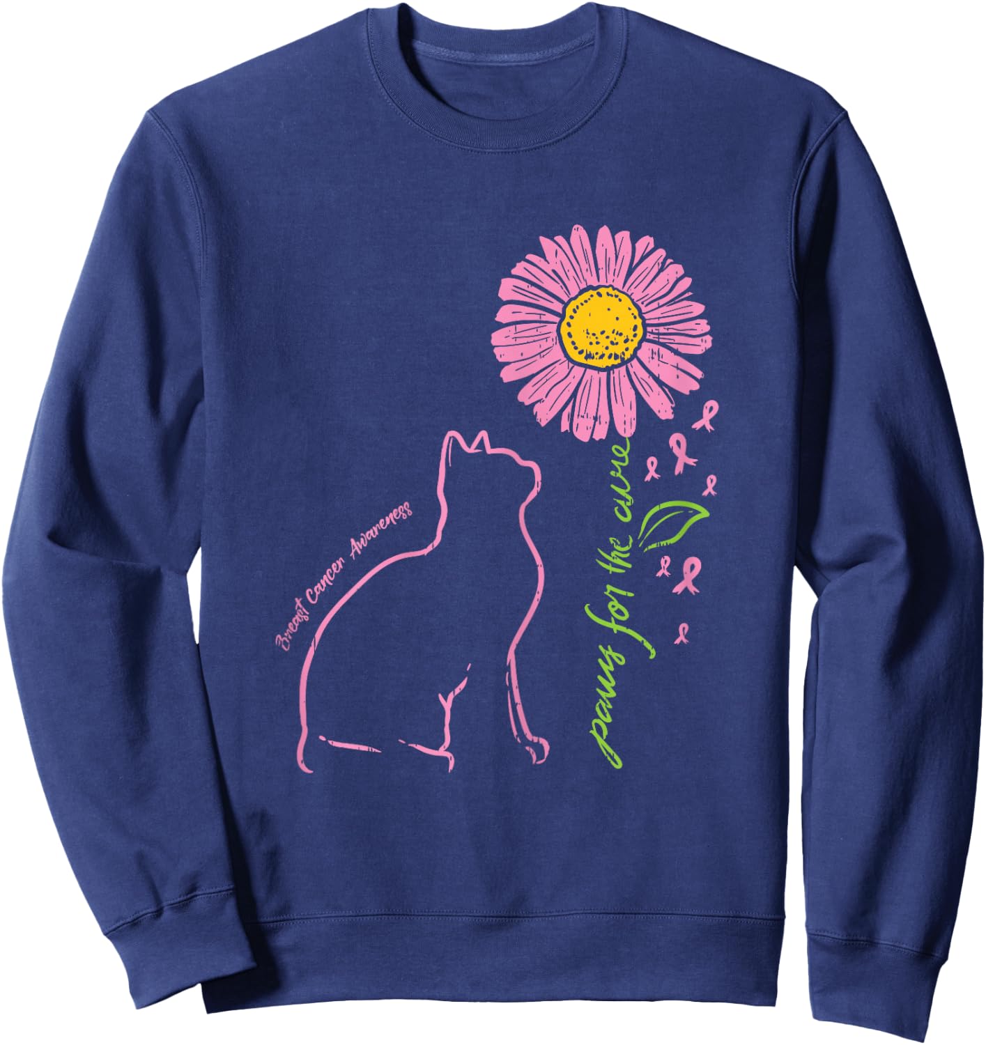 Cat Flower Paw For Cure Breast Cancer Awareness Support Gift Sweatshirt - Sweatshirt | Navy