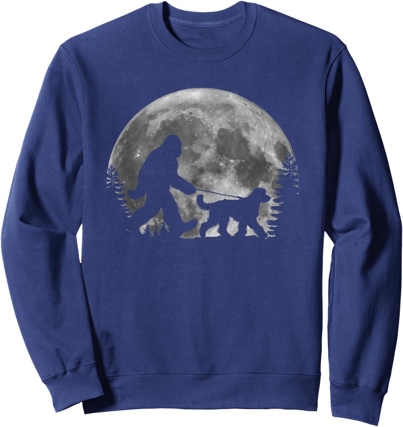 Bigfoot Walking a Dog Funny Sheepadoodle Moon Halloween Sweatshirt - Sweatshirt | Navy