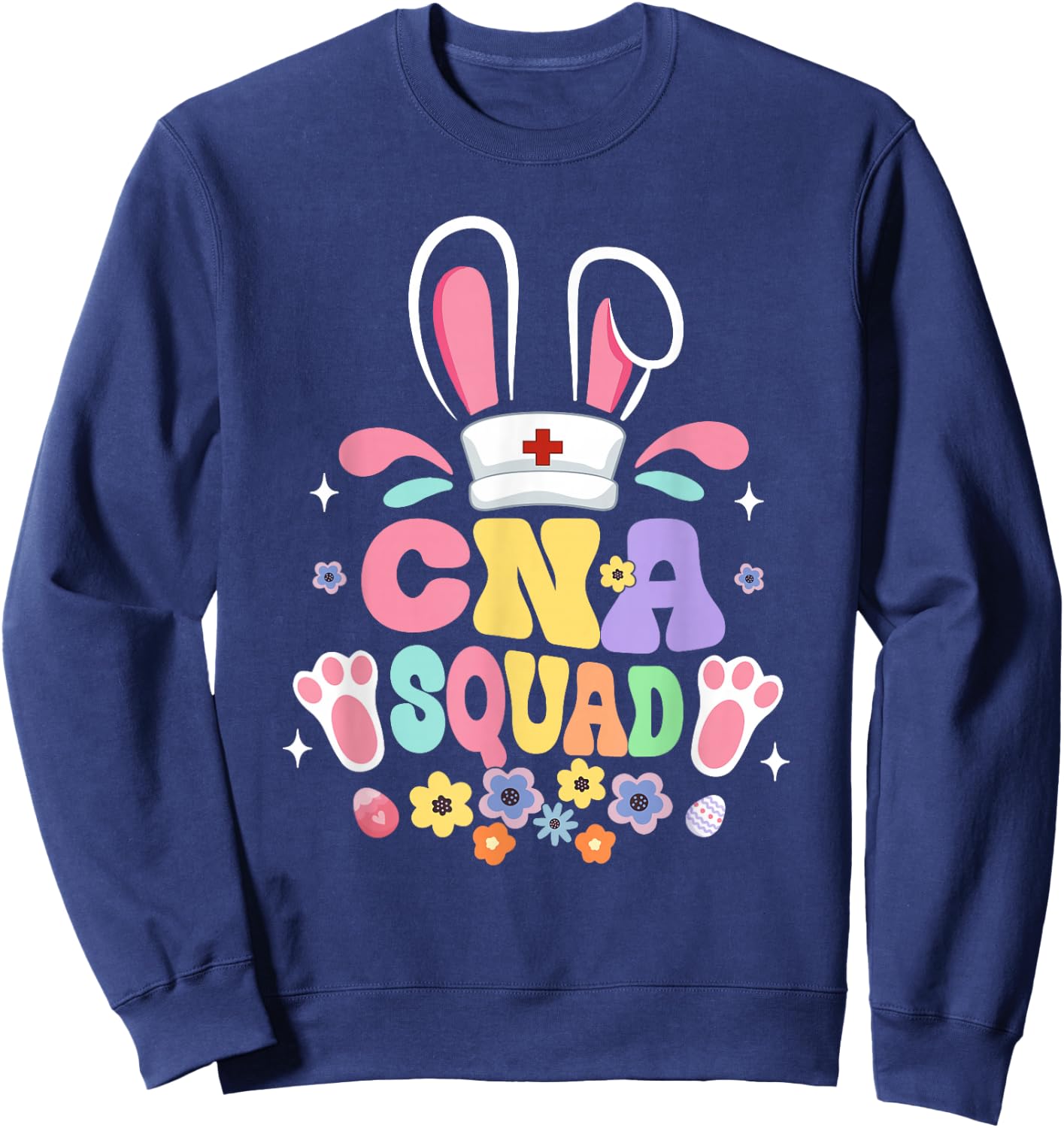 Retro Groovy CNA Squad Bunny Ear Flower Easter Sweatshirt - Sweatshirt | Navy