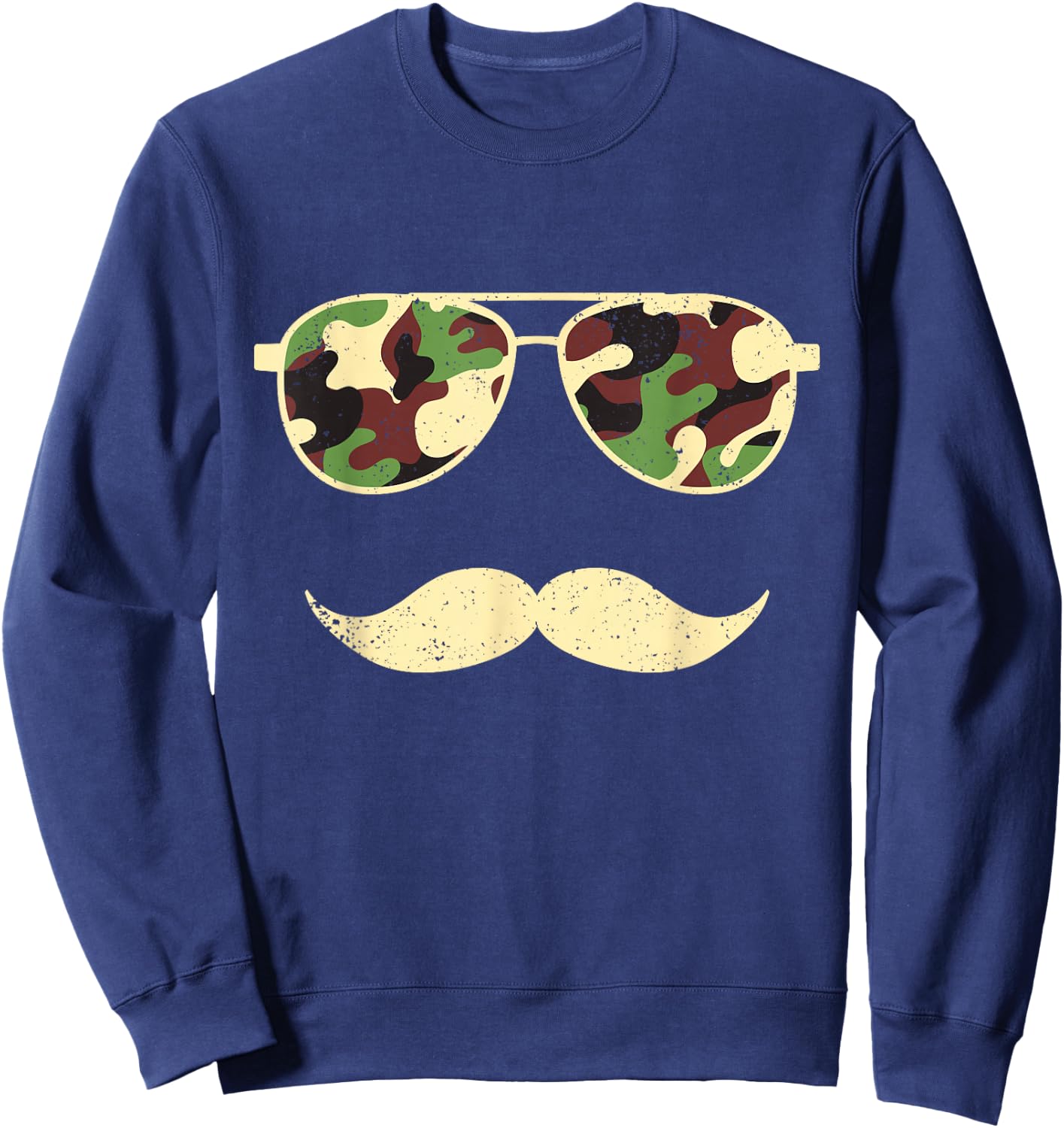 Camo Sunglasses Mustache Funny Retro Camo Veterans Day Sweatshirt - Sweatshirt | Navy