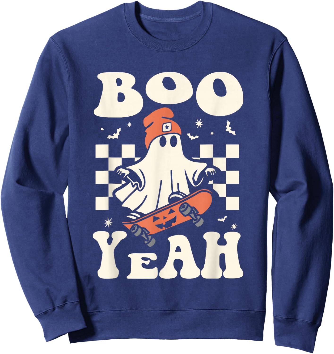Boo Yeah Halloween Ghost Boys Retro Skateboard Toddler Kids Sweatshirt - Sweatshirt | Navy