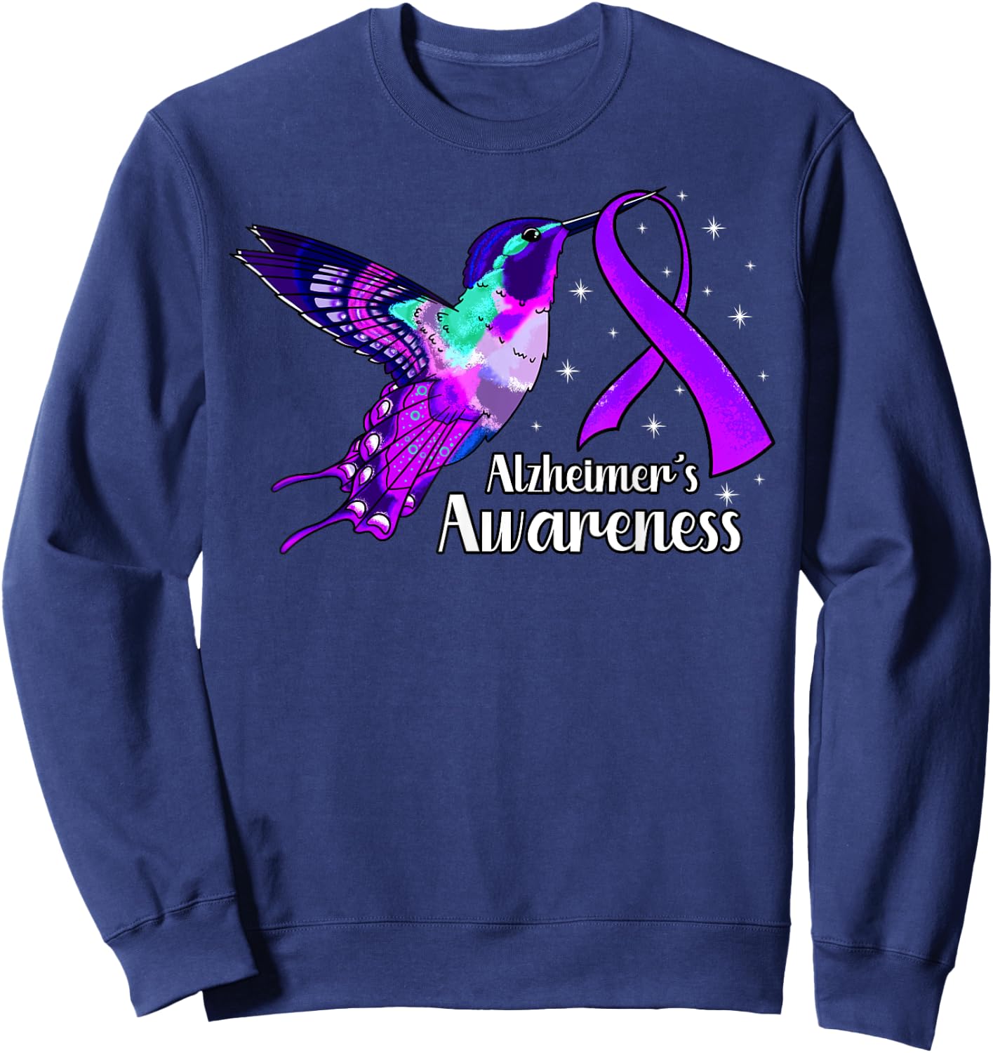 Alzheimer's Disease AD Hummingbird Purple Awareness Ribbon Sweatshirt - Sweatshirt | Navy