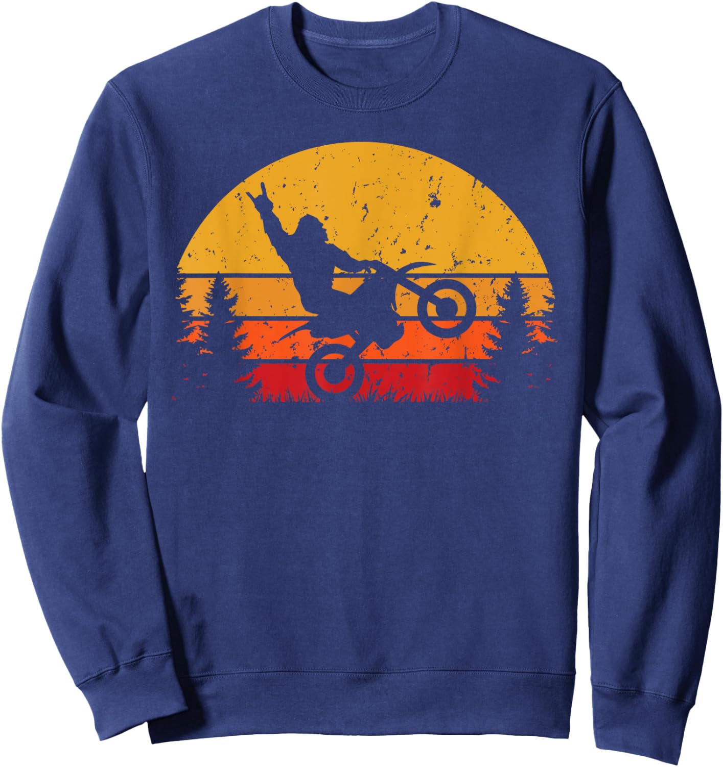 Funny Bigfoot Sasquatch Retro Sunset Riding Dirt Bike Sweatshirt - Sweatshirt | Navy
