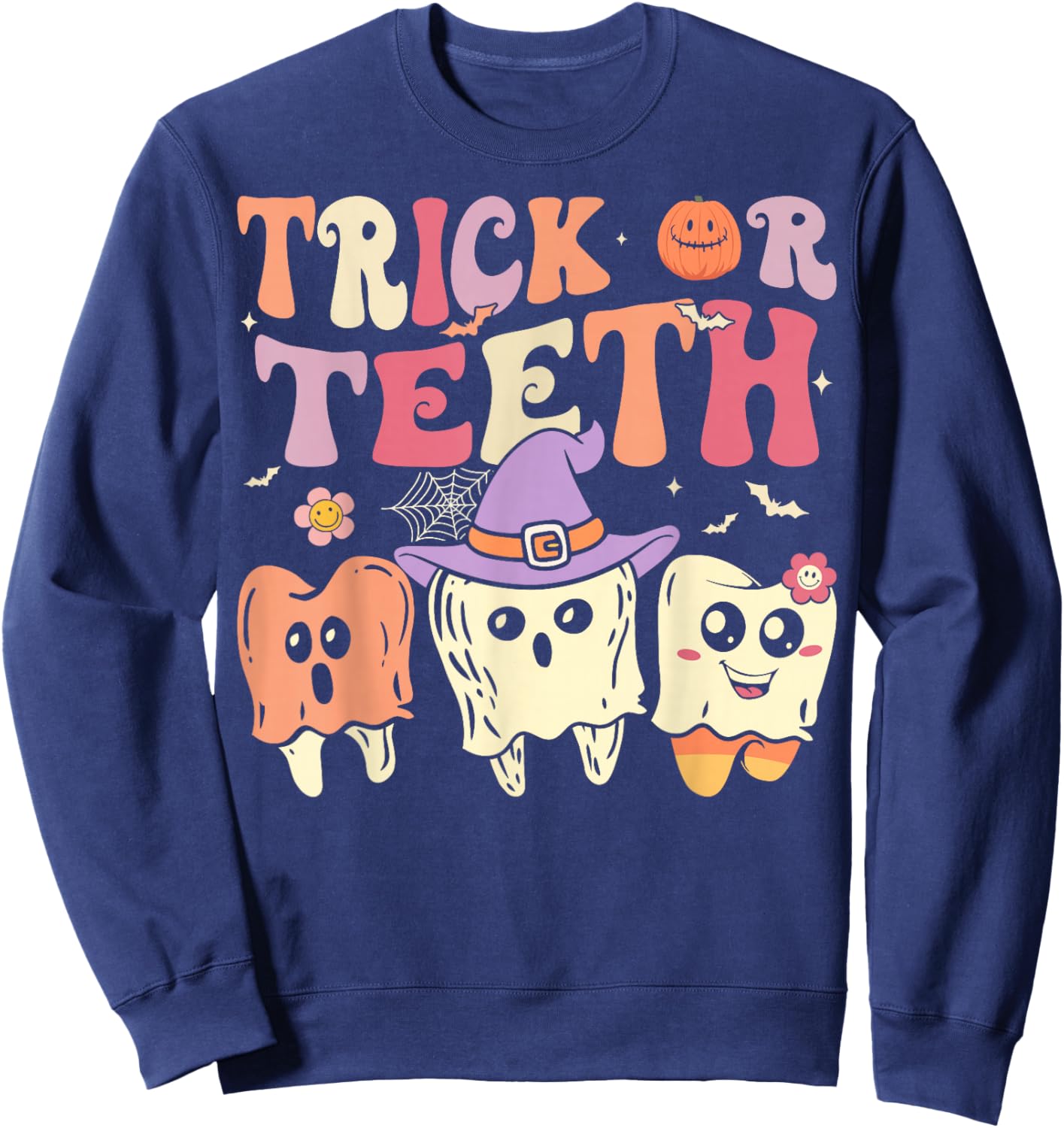 Groovy Dental Halloween Retro Trick or Teeth Floral Ghost Sweatshirt - Sweatshirt | Navy