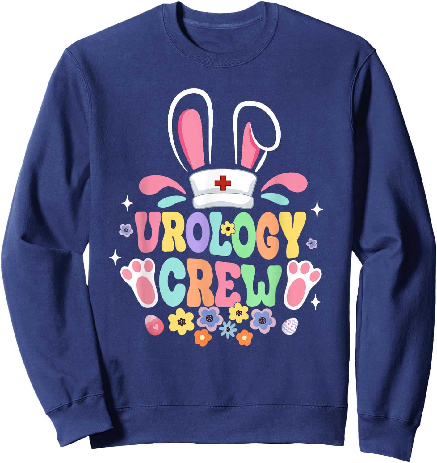 Groovy Urology Crew Urology Nurse Bunny Ear Flower Easter Sweatshirt - Sweatshirt | Navy
