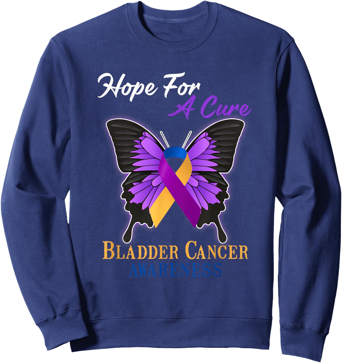 Hope For A Cure Bladder Cancer Awareness Ribbon Butterfly Sweatshirt - Sweatshirt | Navy