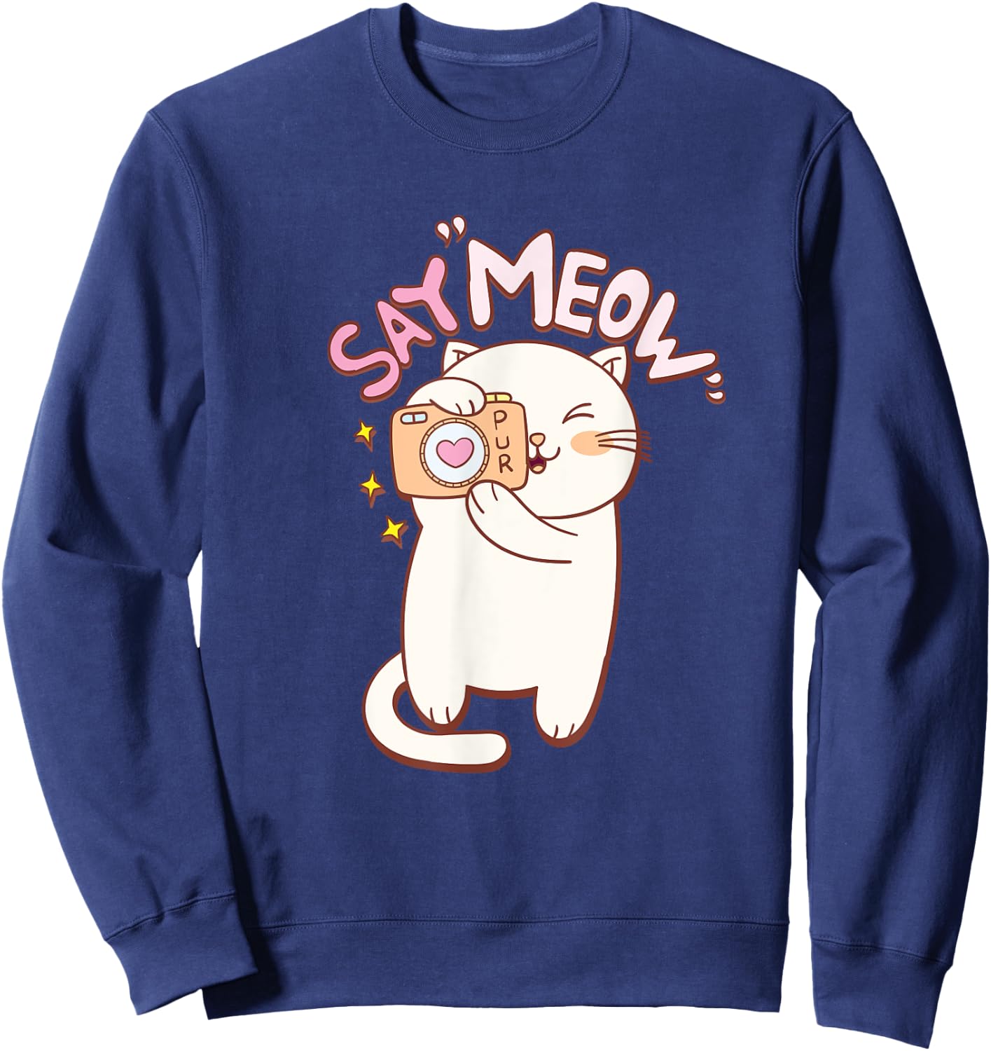 Cute Cat with Camera Saying Meow Sweatshirt - Sweatshirt | Navy