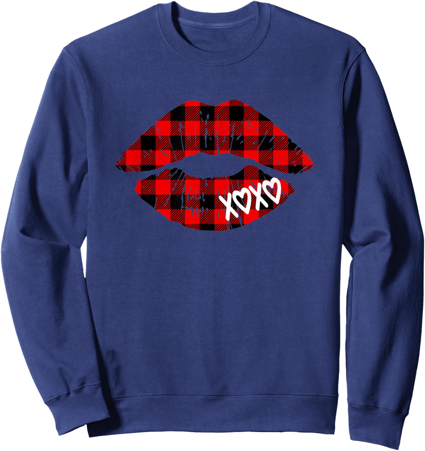 Red Buffalo Plaid Lips T Shirt Valentine Day XOXO Women Girl Sweatshirt - Sweatshirt | Navy