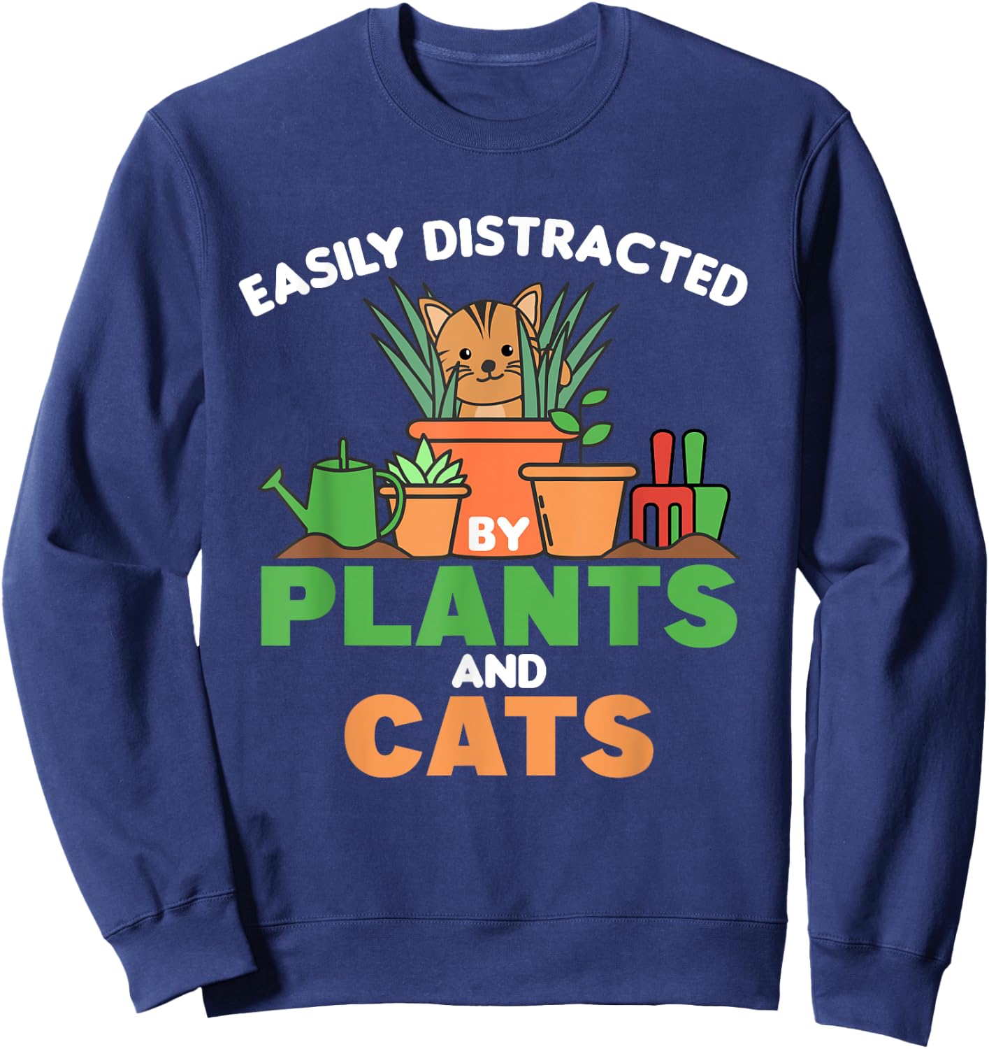 Easily Distracted By Plants And Cats Cute Cat With Flowers Men Women Kids Sweatshirt - Sweatshirt | Navy