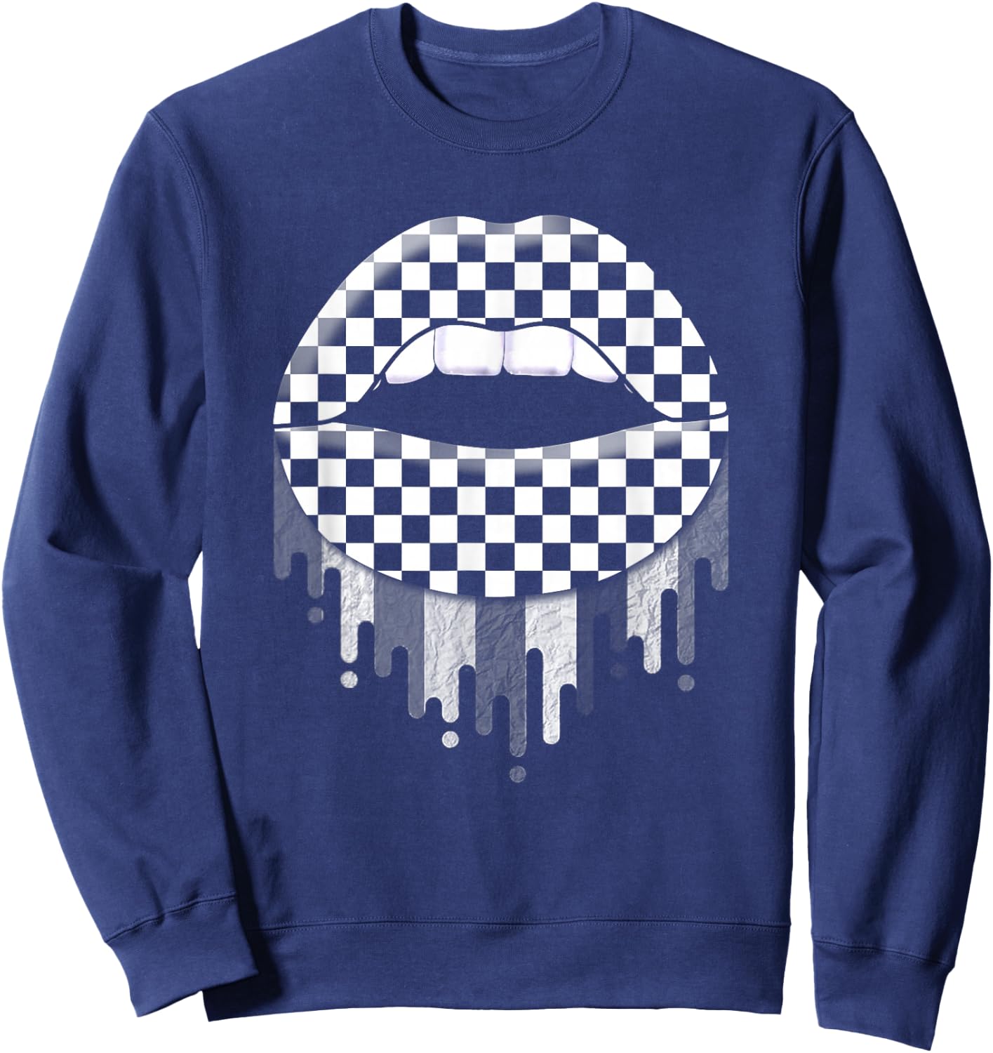 Checkered Black White Lip Cute Checkerboard Sweatshirt - Sweatshirt | Navy