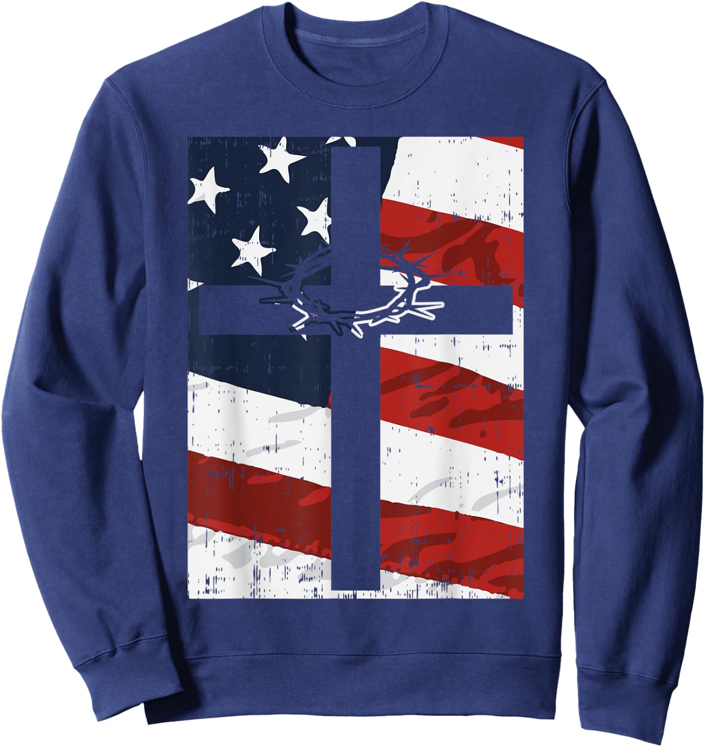 Cross American Flag Thorn God Jesus Faith Christian Gift Sweatshirt - Sweatshirt | Navy
