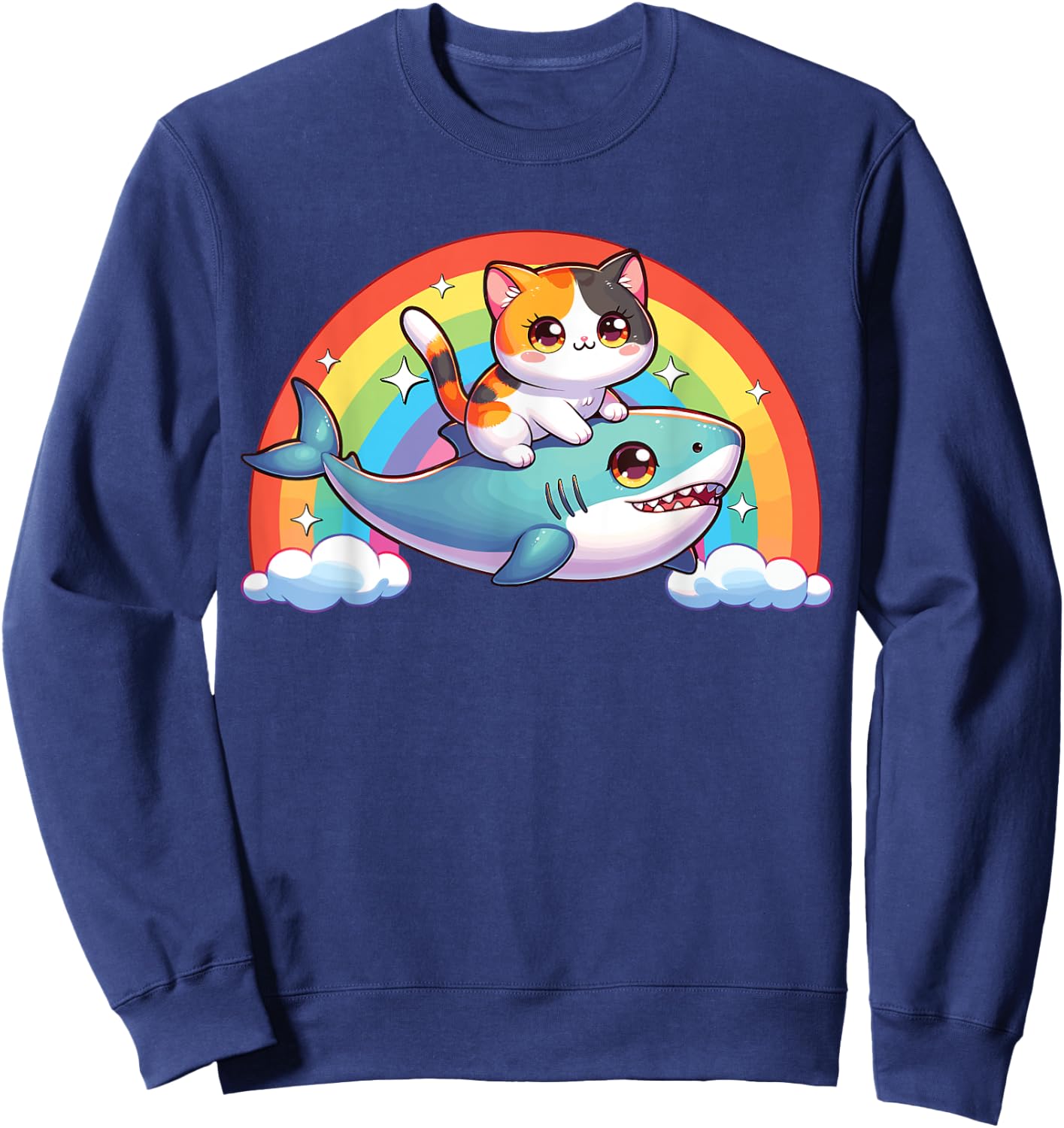Cat Riding Shark, Kawaii Magical Calico Cat, Cat On Shark Sweatshirt - Sweatshirt | Navy