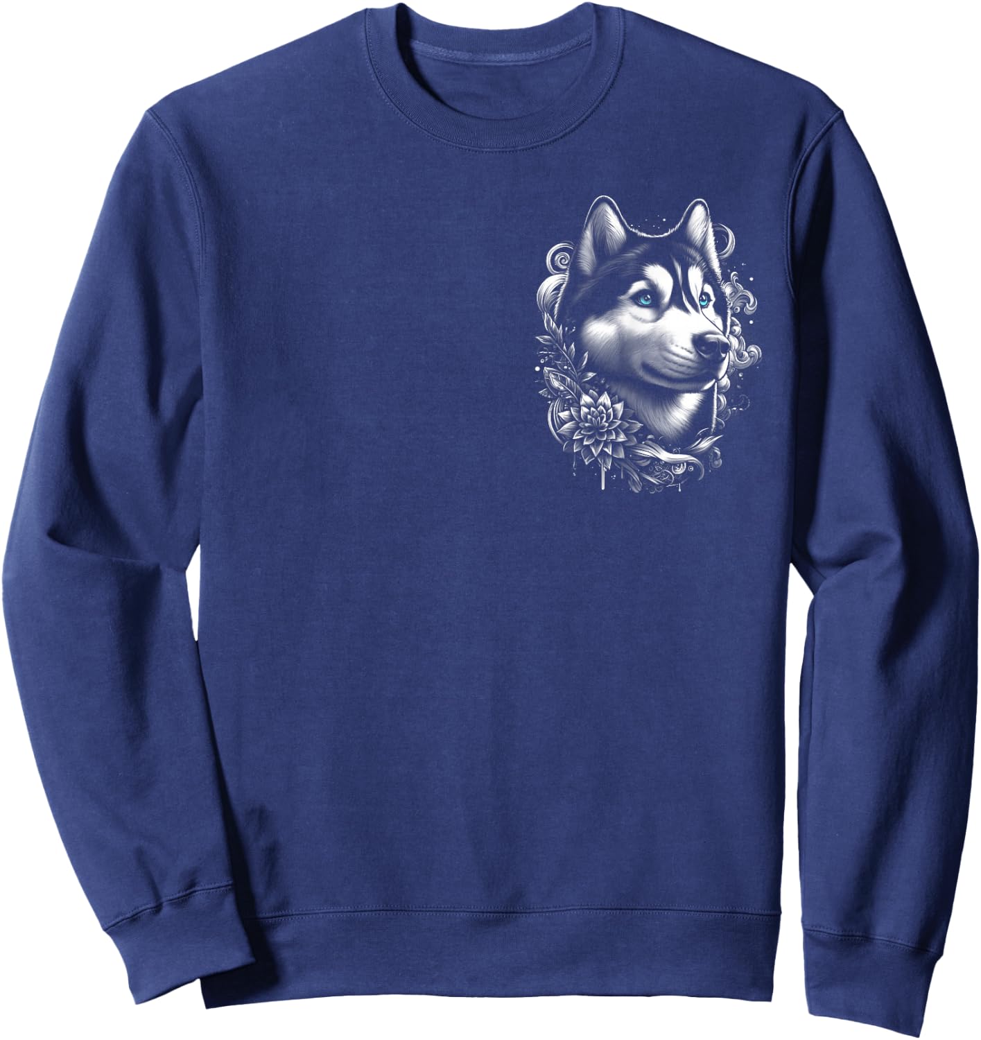 MyAnimal - Your Favourite Animal Wear Cool Husky with Blue Eyes and Flowers Decoration on Chest , Small Sweatshirt - Sweatshirt | Navy