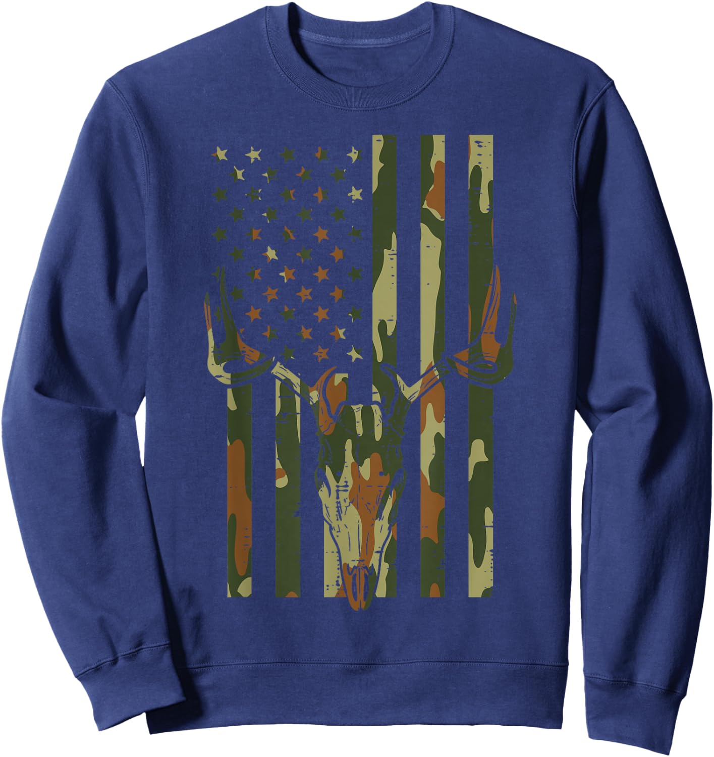 Camo US Flag Deer Skull Vintage Hunting Patriotic Hunt Dad Sweatshirt - Sweatshirt | Navy