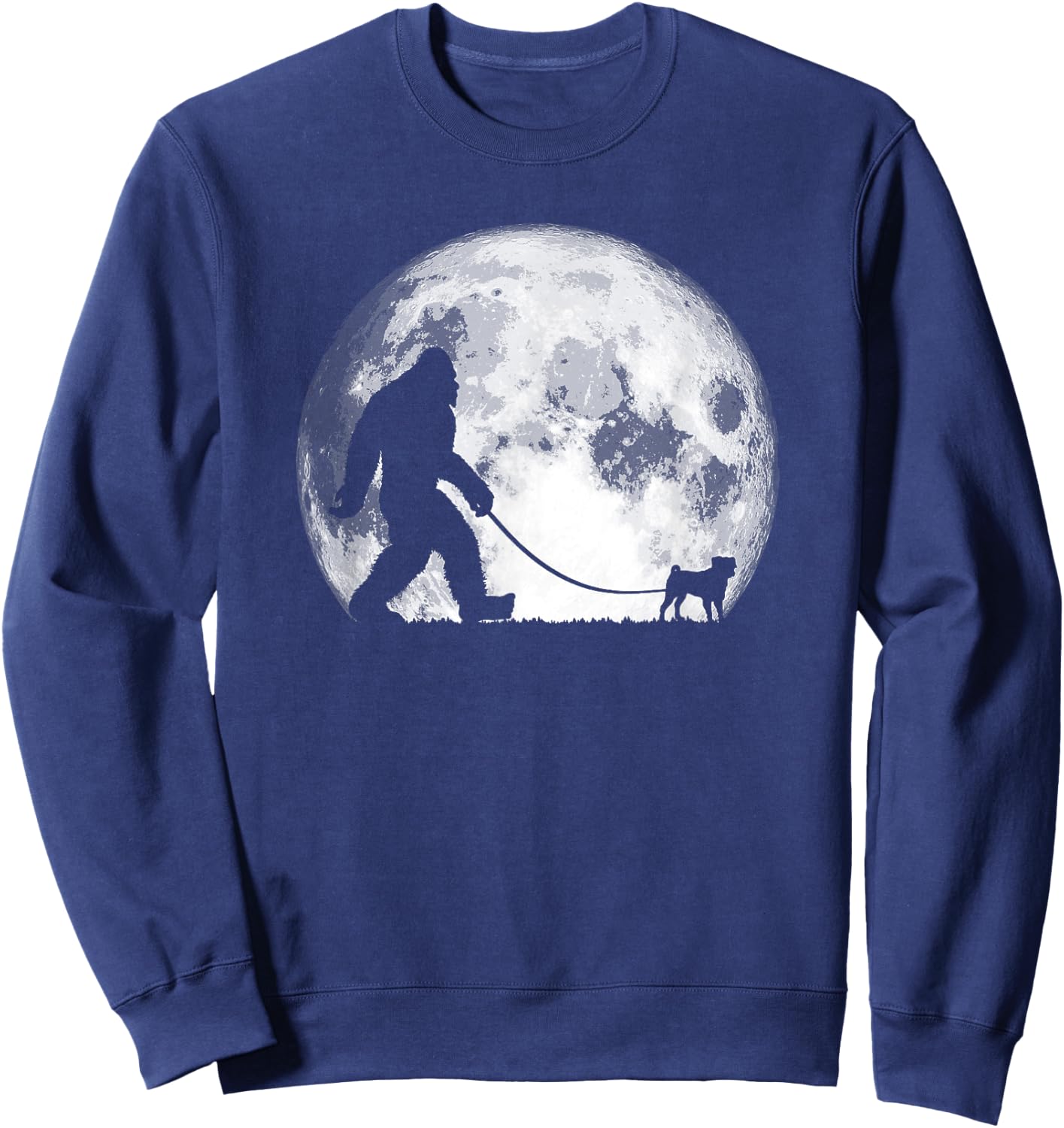 Bigfoot & Pug Funny Night Time Dog Walking Graphic Sweatshirt - Sweatshirt | Navy
