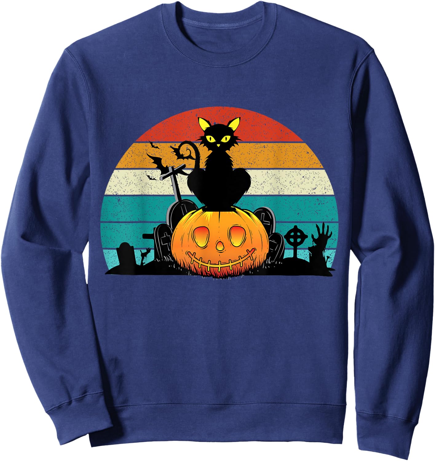 Vintage Scary Halloween Black Cat Costume Retro Moon Cat Sweatshirt - Sweatshirt | Navy