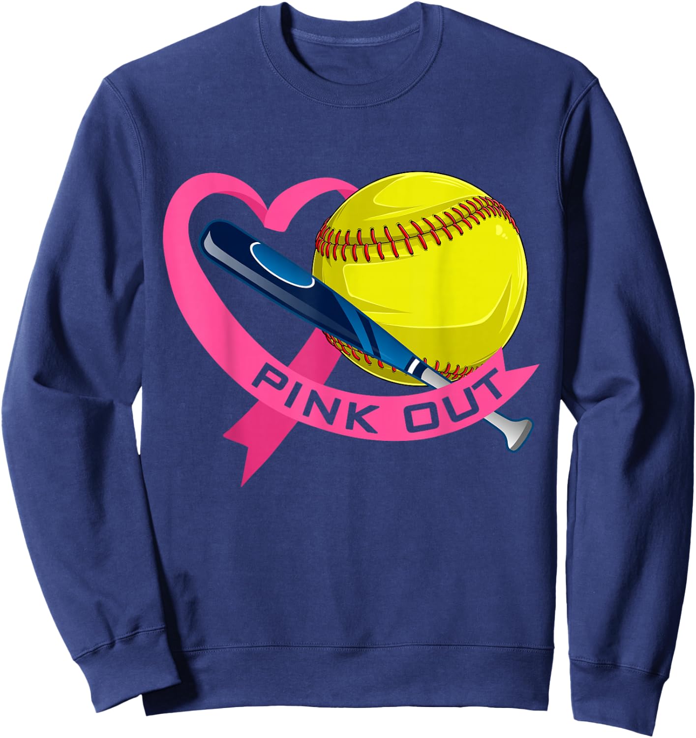 Pink Out Breast Cancer Pink Ribbon Heart With Softball Ball Sweatshirt - Sweatshirt | Navy