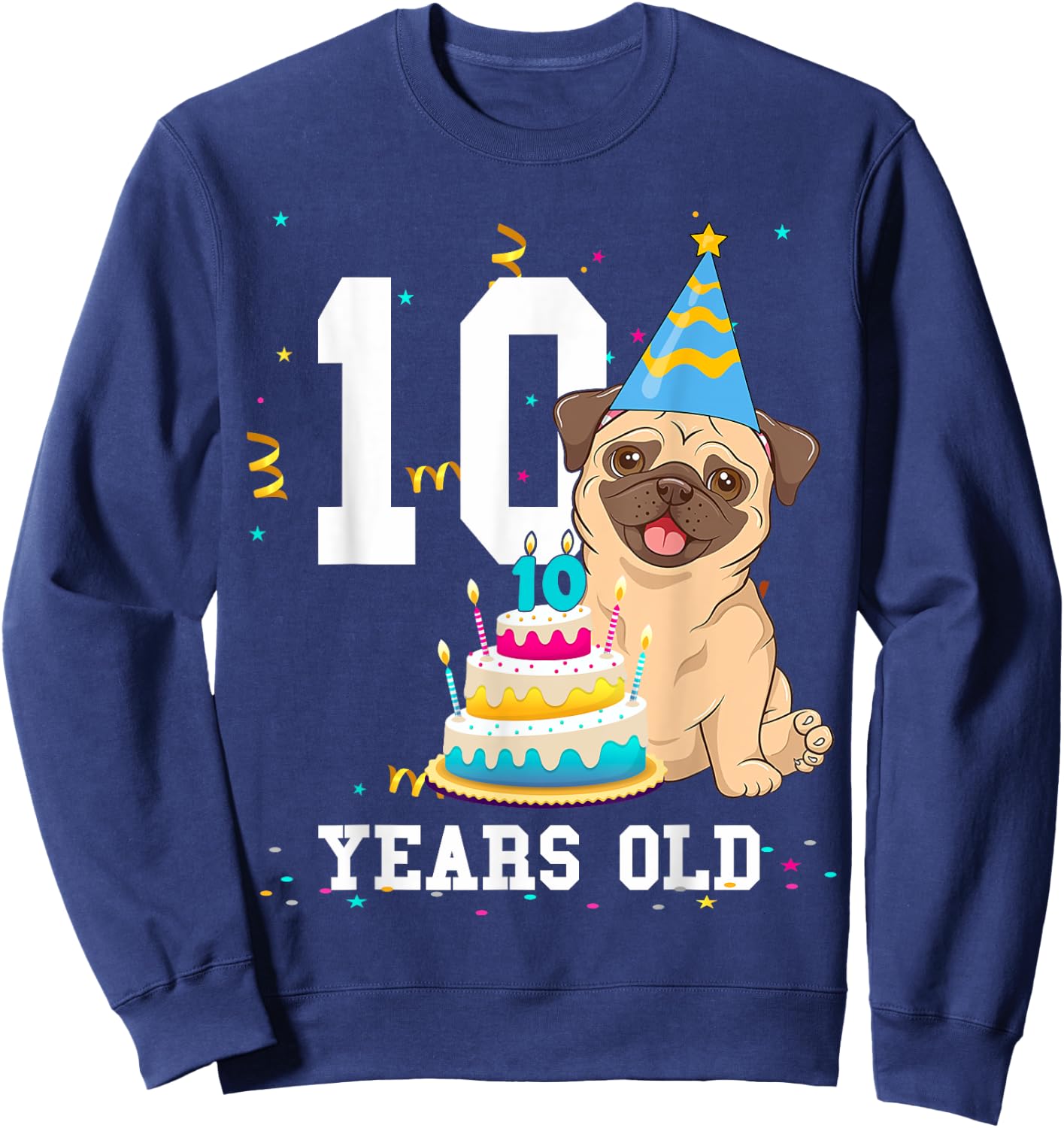 10 Years Old Birthday Pug Dog Lover Party Kids Boys Girls Sweatshirt - Sweatshirt | Navy