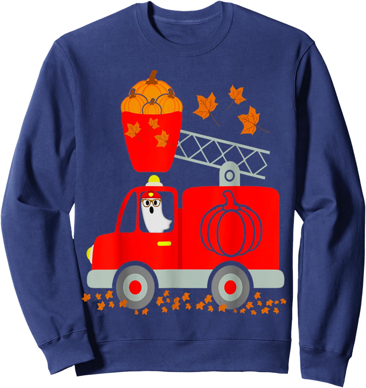 Funny Ghost Pumpkin Fire Truck Halloween For Son Kids Adult Sweatshirt - Sweatshirt | Navy