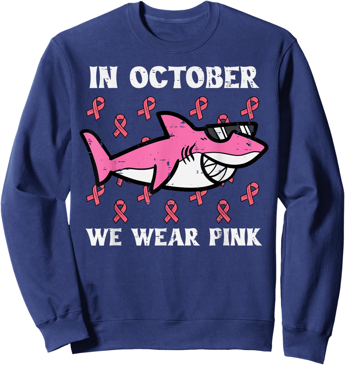 October We Wear Pink Shark Breast Cancer Awareness Boys Kids Sweatshirt - Sweatshirt | Navy