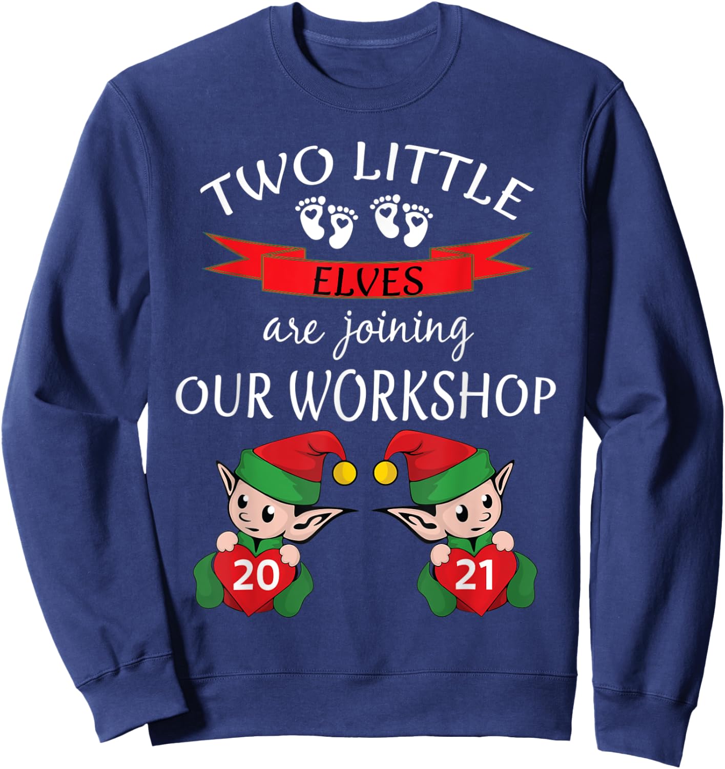 Cute 2021 Twins Christmas Pregnancy New Mom Baby Reveal Elf Sweatshirt - Sweatshirt | Navy