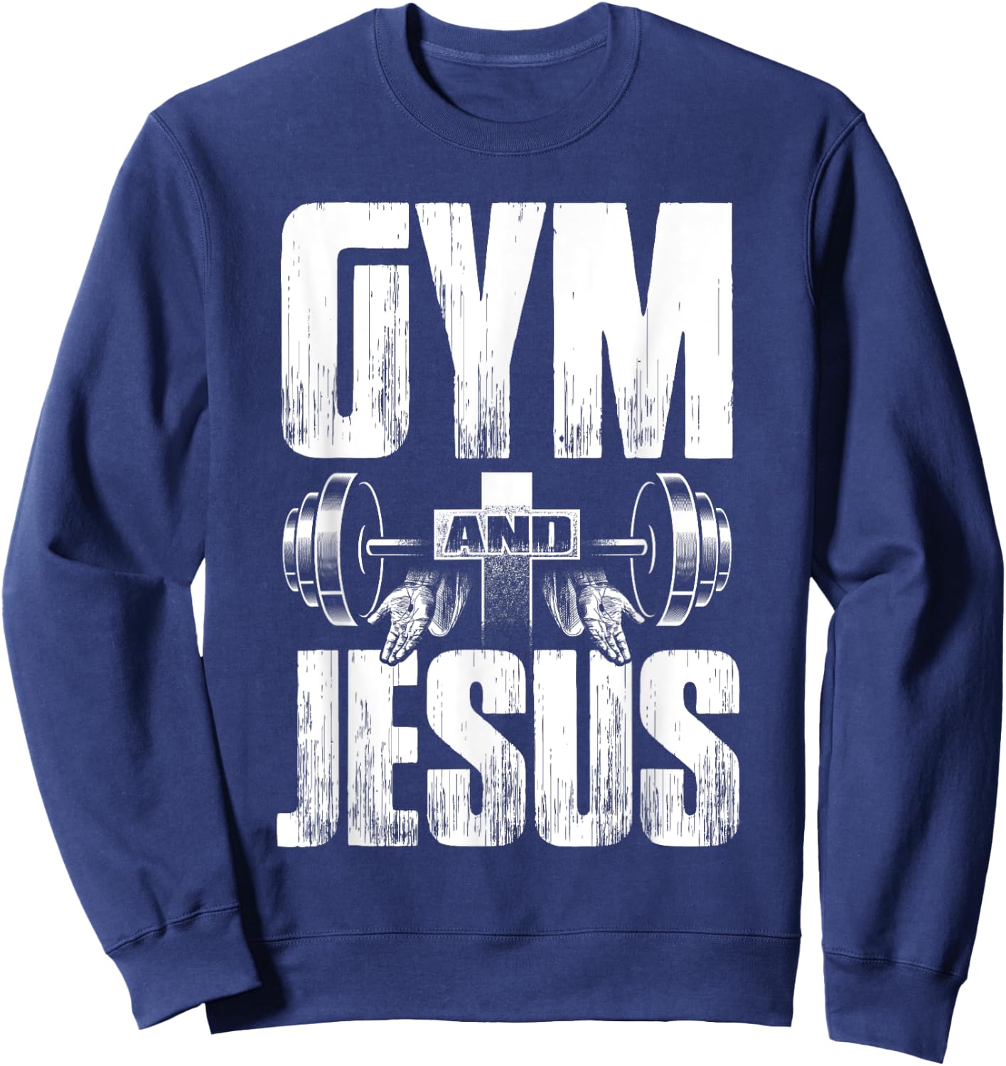 Fitness Fanatic By Pemissa Religious Workout Gym Jesus Barbell Lifting Weights Black Modern Letter Print Sweatshirt - Sweatshirt | Navy