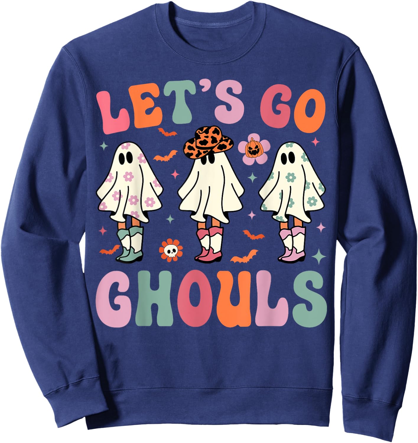 Let's Go Ghouls Ghost Cowgirls Groovy Halloween Party Sweatshirt - Sweatshirt | Navy