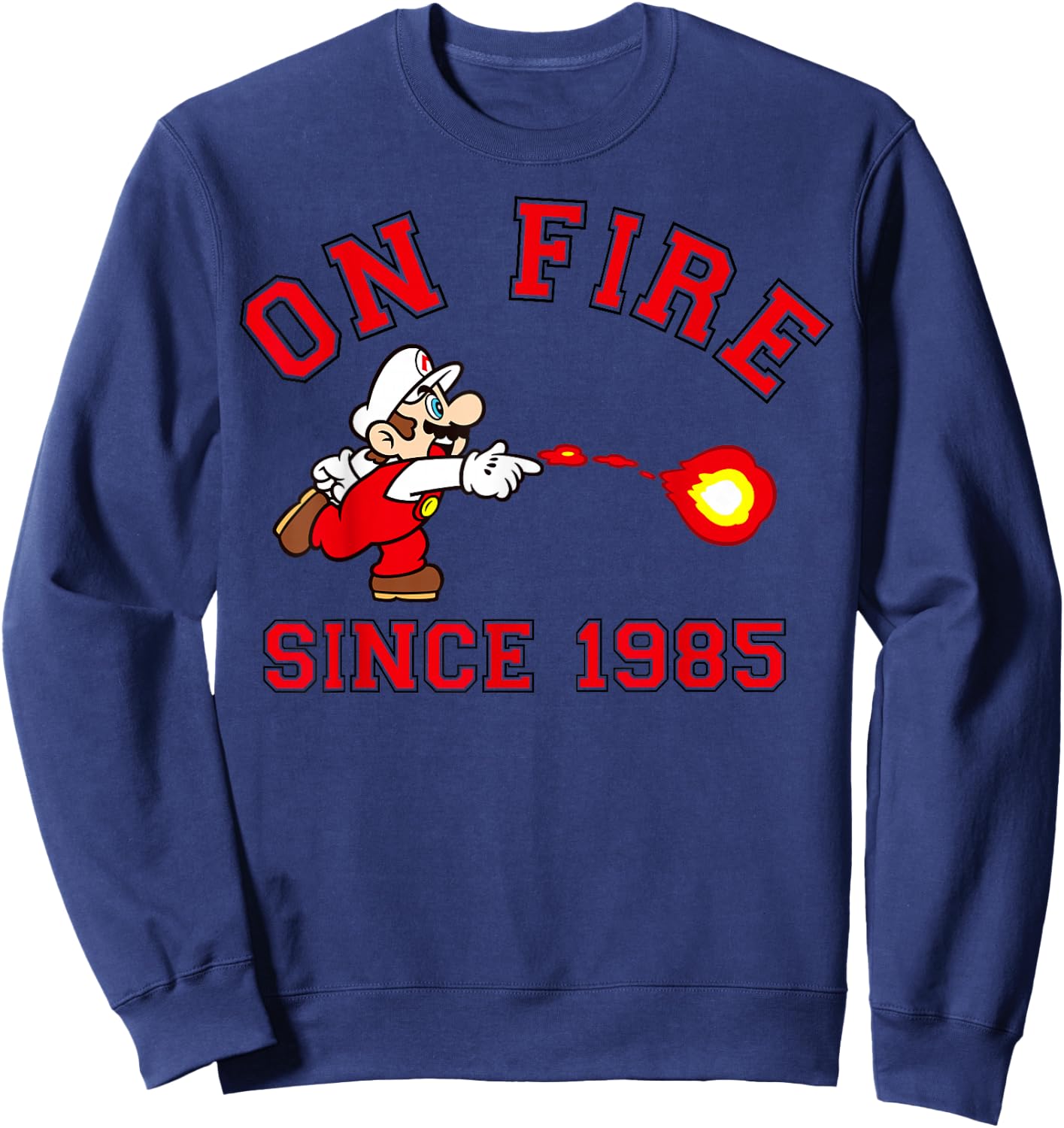 Super Mario Bros On Fire Since 1985 Red Text Collegiate Sweatshirt - Sweatshirt | Navy