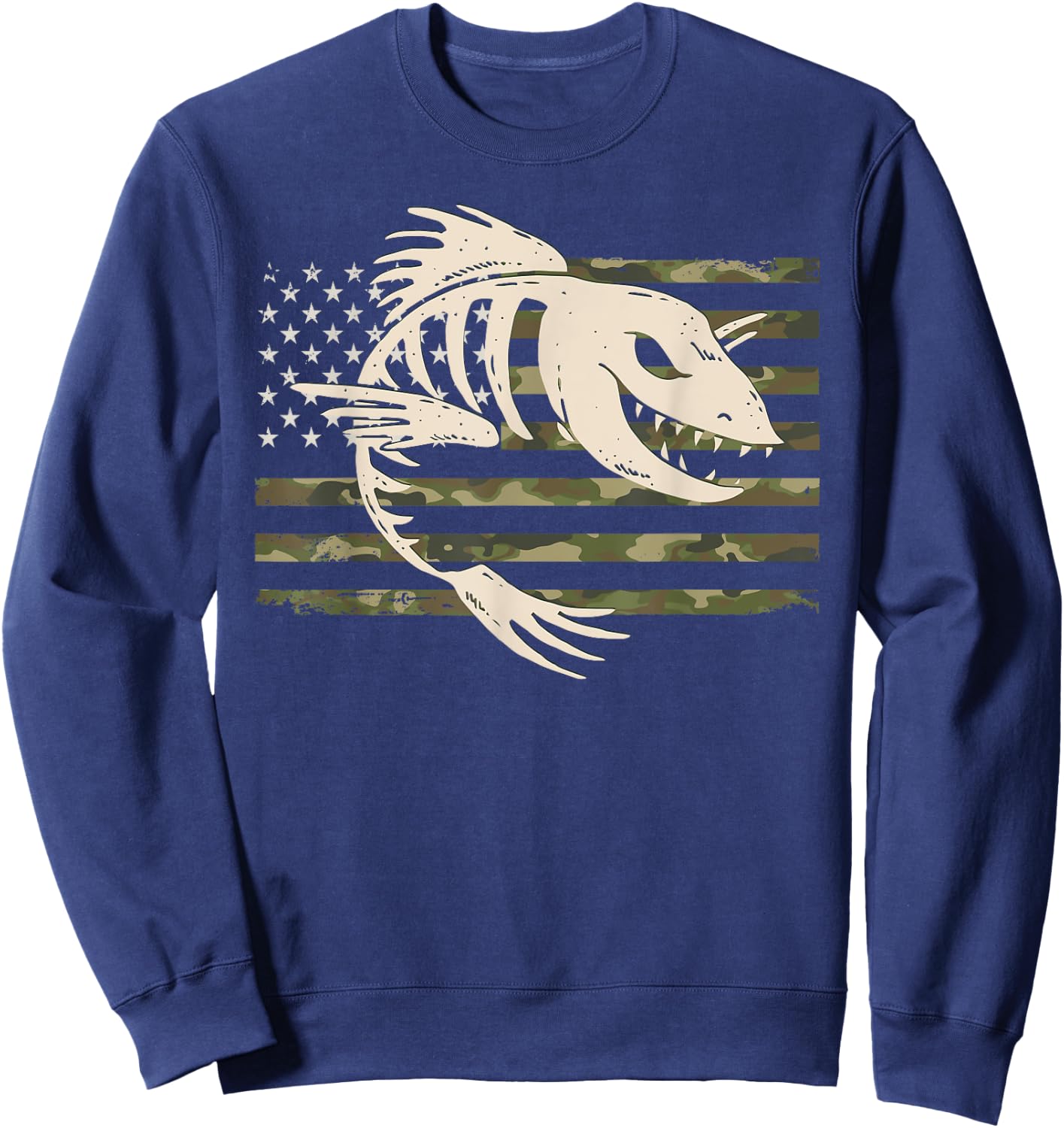 Fish Bones Skeleton Camo US American Flag Camouflage Fishing Men Sweatshirt - Sweatshirt | Navy