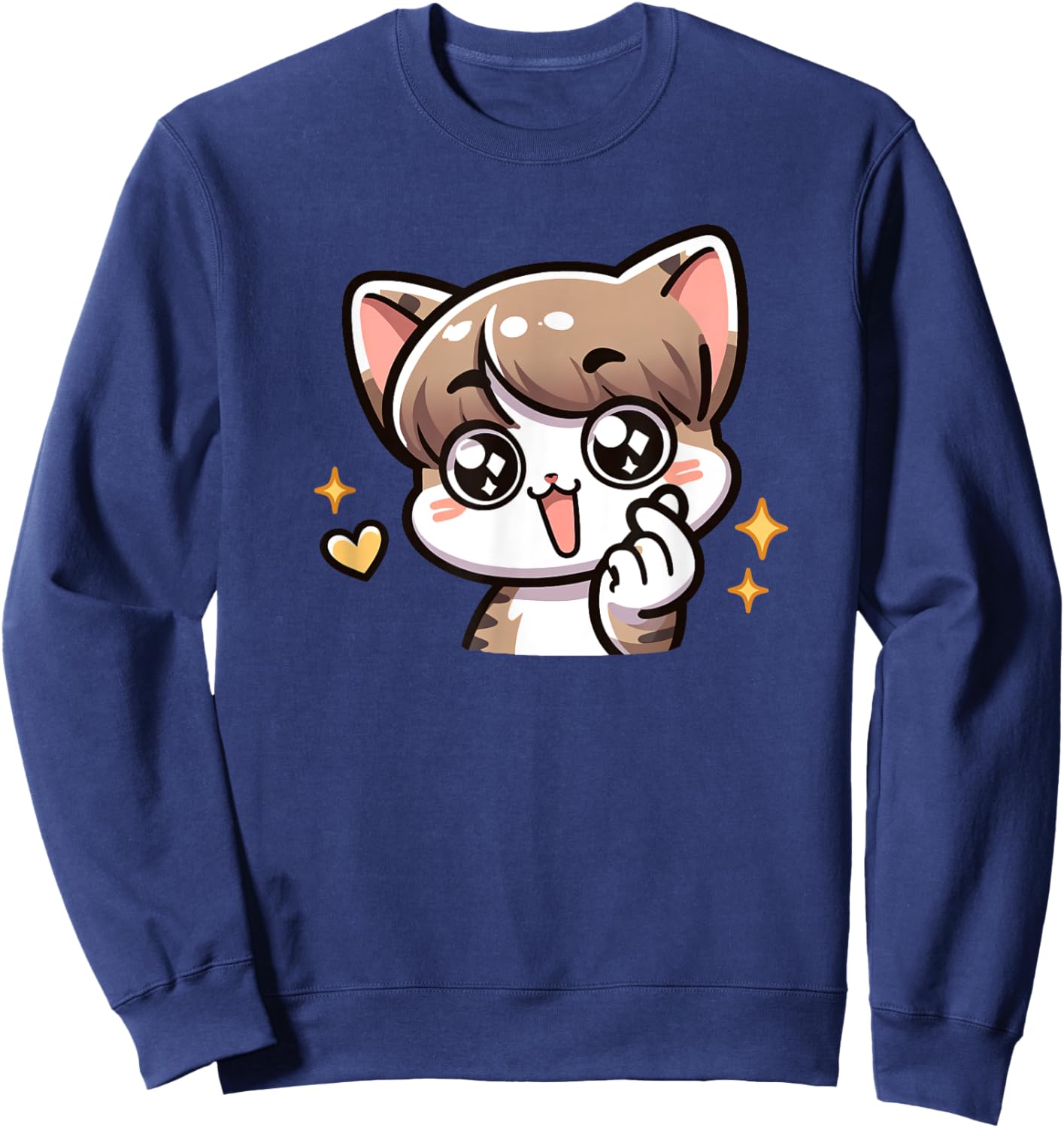 Funny Cat Cartoon Finger-heart K-pop Korean Men Women Kids Sweatshirt - Sweatshirt | Navy