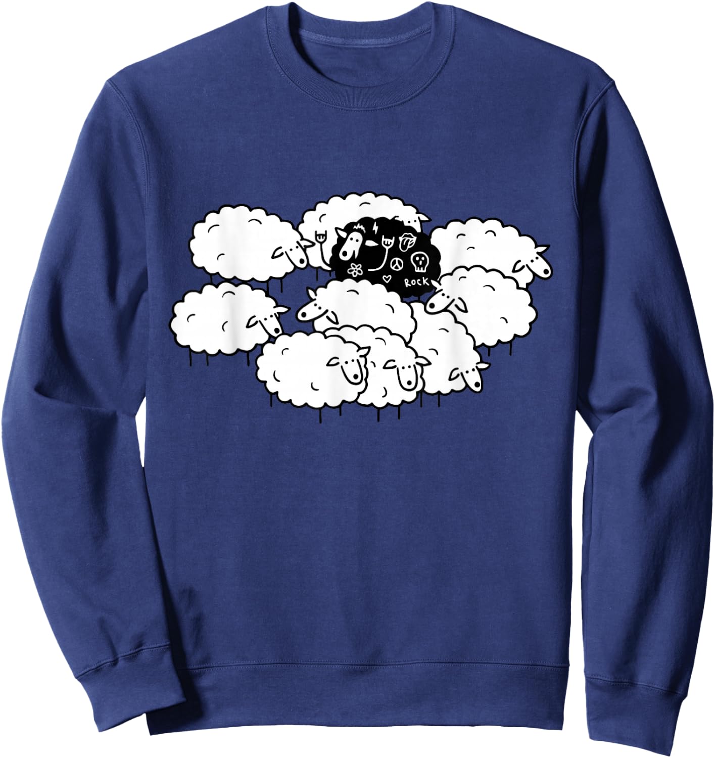 Rock-n-Roll Peace Love Black Sheep Funny Animals Graphic Art Sweatshirt - Sweatshirt | Navy