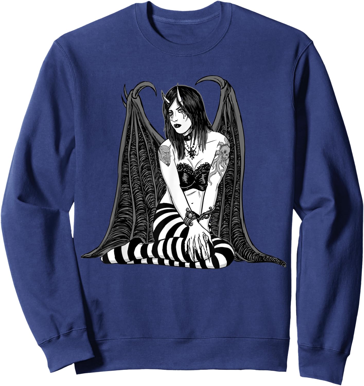 SEXY GOTH DEMONESS VAMPIRE HORROR Undead Illustrated Sweatshirt - Sweatshirt | Navy