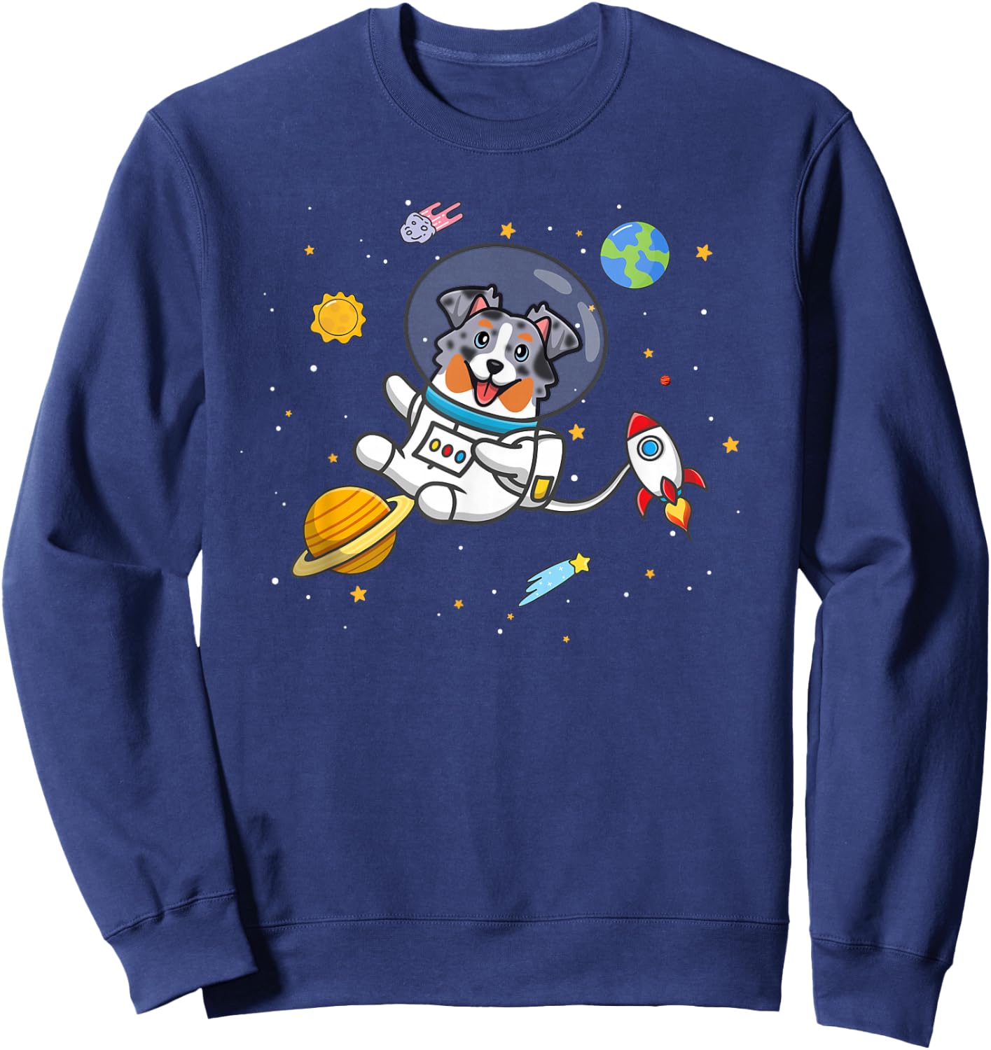 Funny Kawaii Kids Space Blue Merle Australian Shepherd Lover Sweatshirt - Sweatshirt | Navy