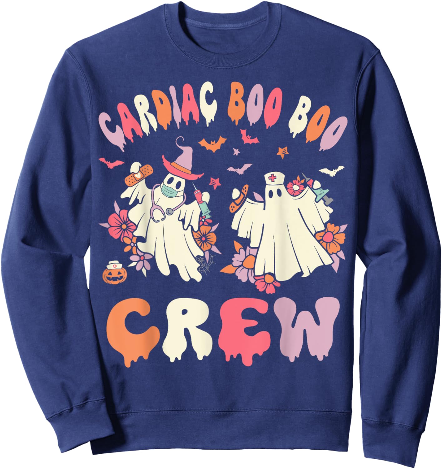 Cardiac Boo Crew Ghost Cardiology Nurse Halloween Women Sweatshirt - Sweatshirt | Navy