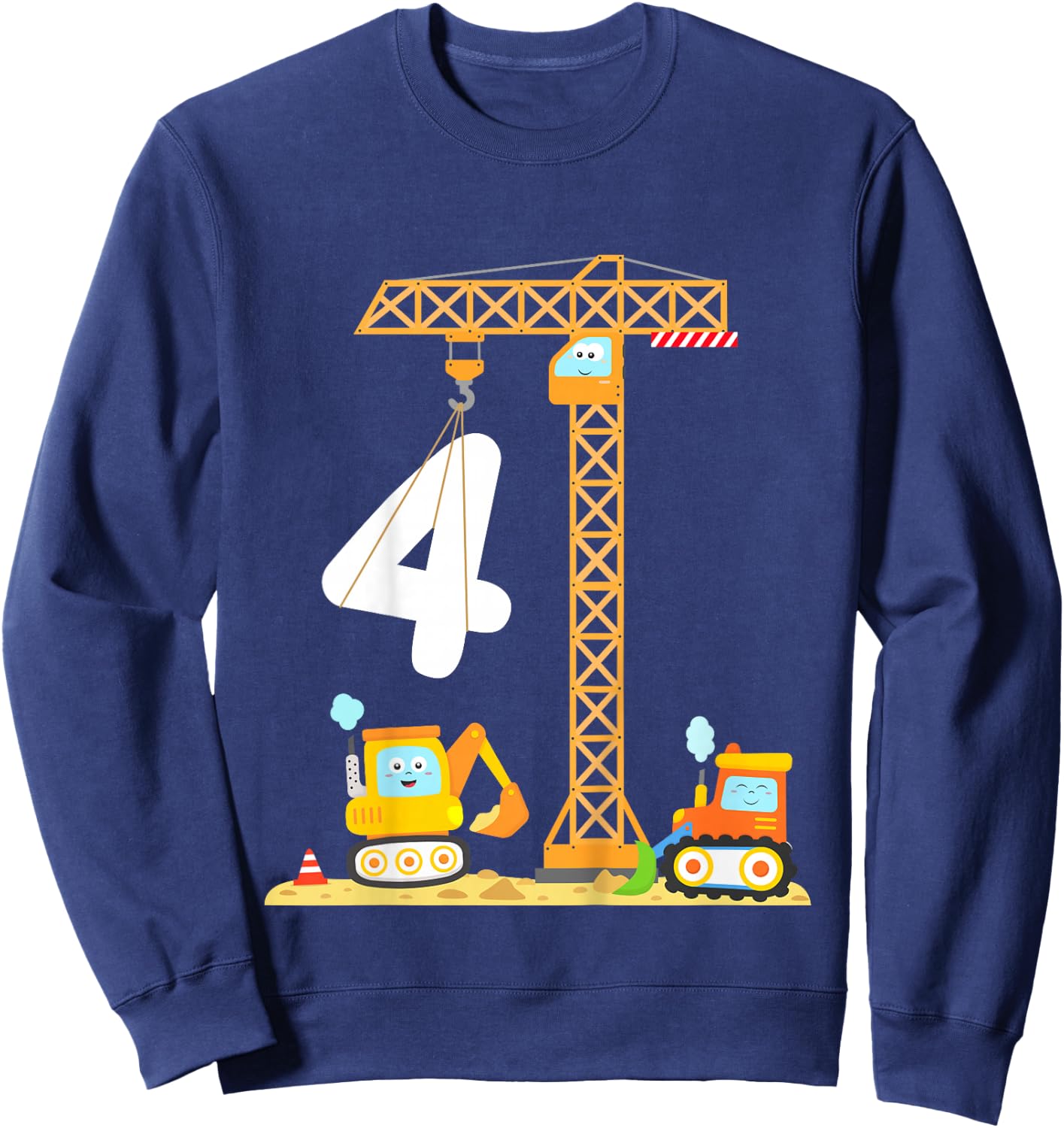 Kids Birthday 4 Year Old Boy Construction Vehicles Digger Crane Sweatshirt - Sweatshirt | Navy
