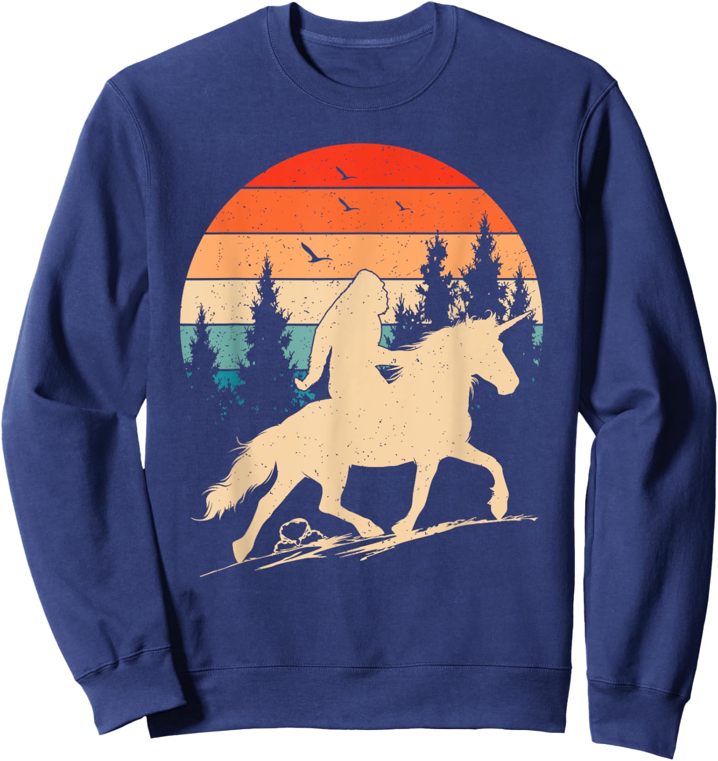 Bigfoot Riding Unicorn! Funny Sasquatch Unicorn Retro Sunset Sweatshirt - Sweatshirt | Navy