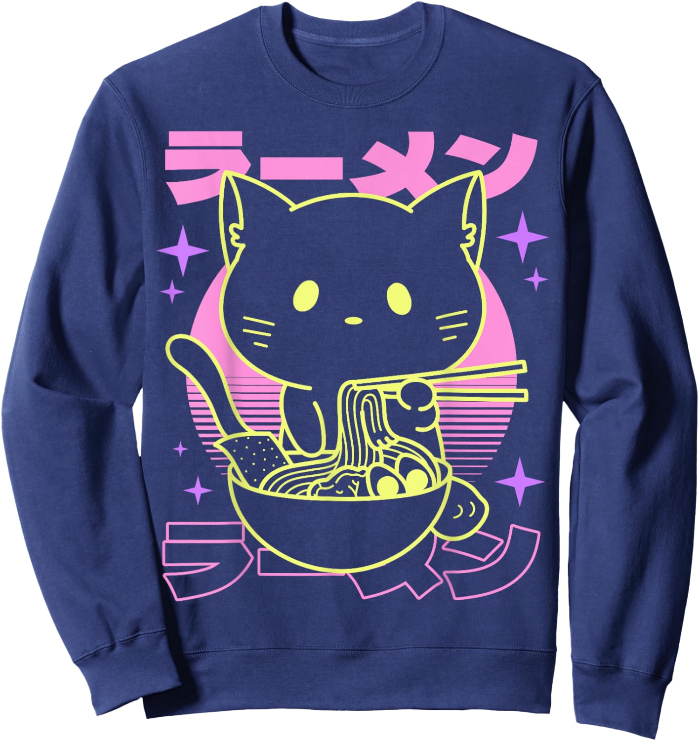 Anime Ramen Cat Japanese Retro Noodles Aesthetic Kawaii Cat Sweatshirt - Sweatshirt | Navy